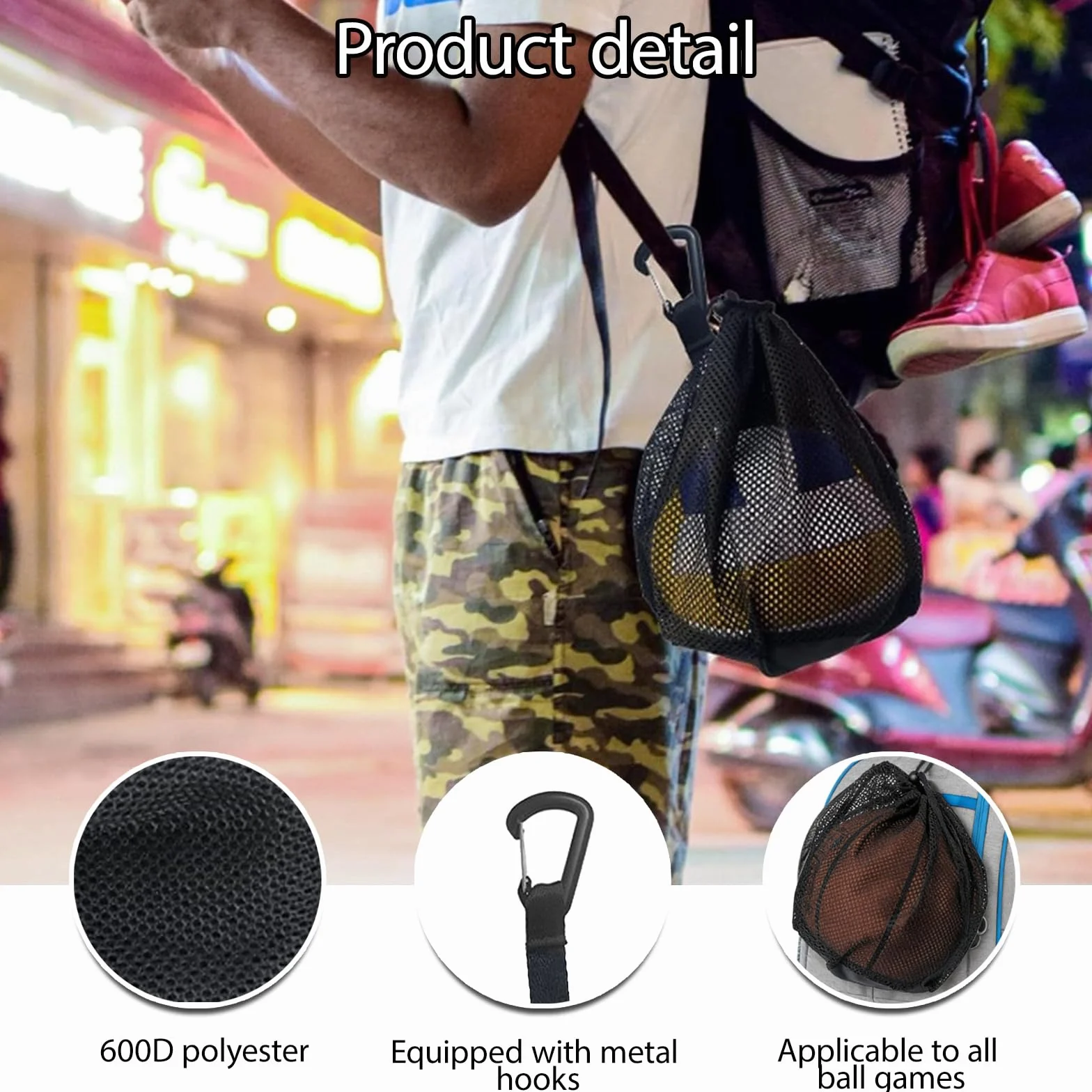 Sac de ballon avec filet pour 2 ballons, poche zippée, sac à dos portable avec mousqueton et cordon de serrage, pour basketball, football, handball, volley-ball et rugby, durable et pratique