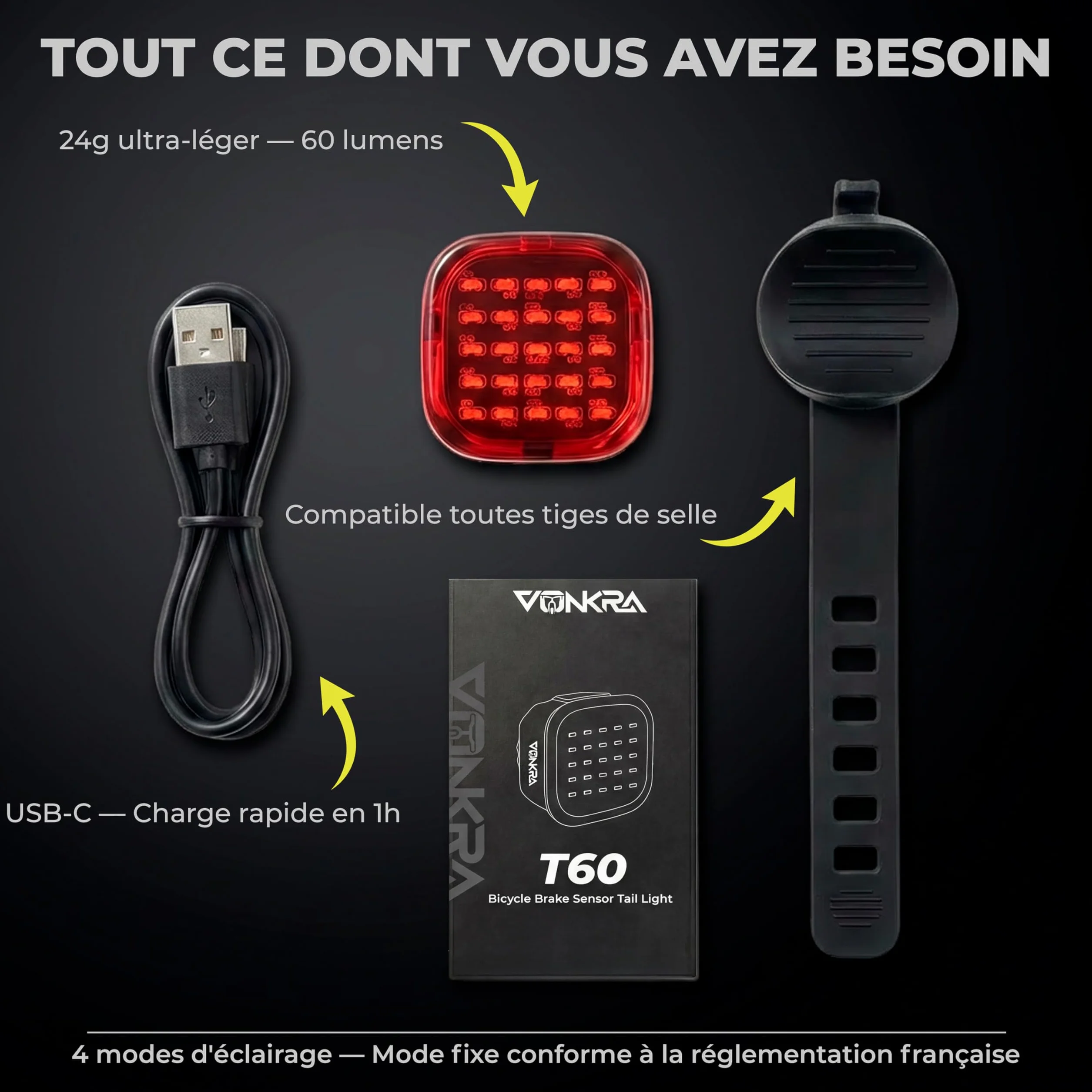 Feu Arrière Vélo LED Clignotant 60 Lumens - Fixation Ultra-Solide Anti-Vibration - IPX6 Étanche - USB-C Rechargeable - Allumage Automatique - Système Compatible Garmin - Vonkra T60