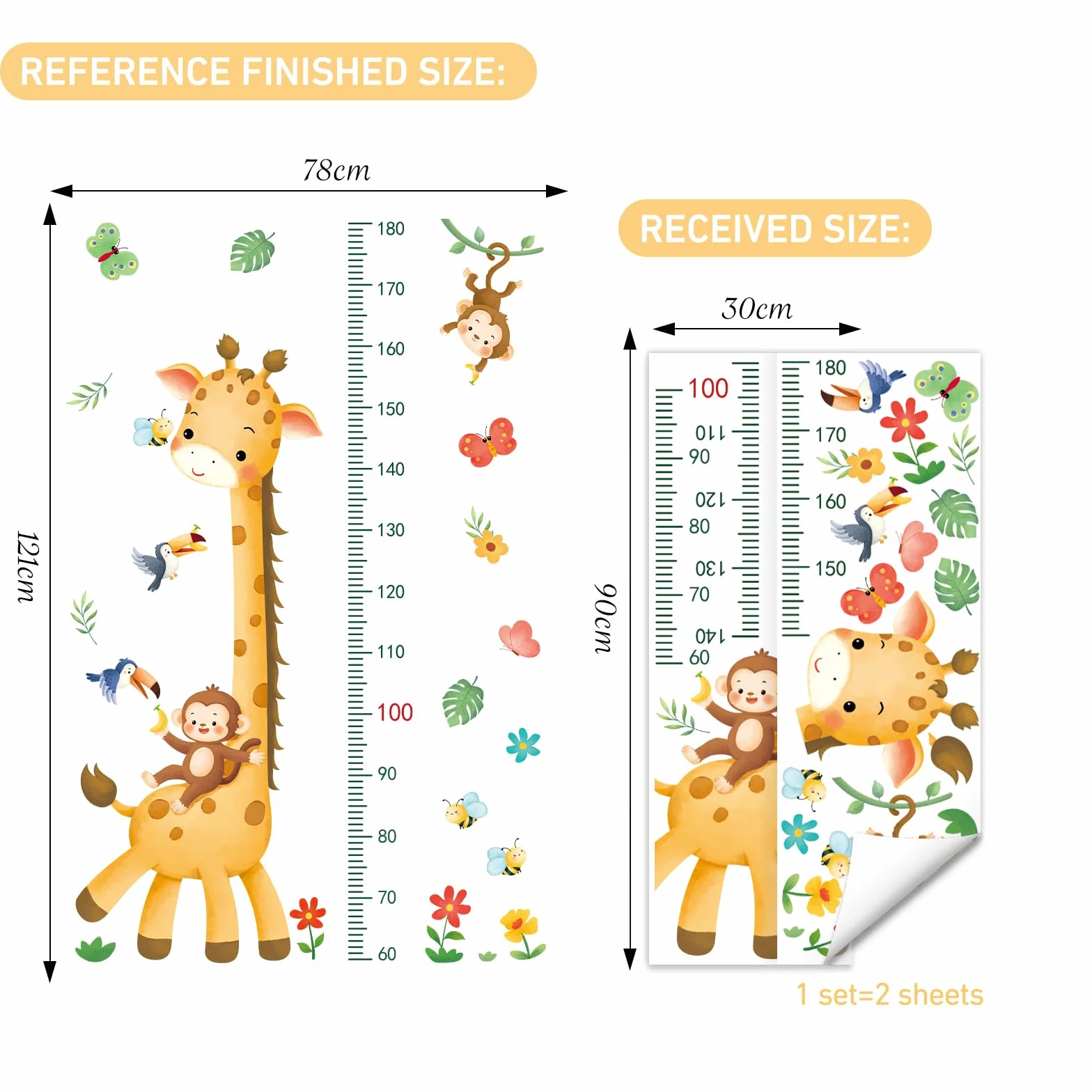 SHUCHING Toise Murale Girafe pour Enfants 60-180CM, Autocollant Mural Hauteur Animaux
