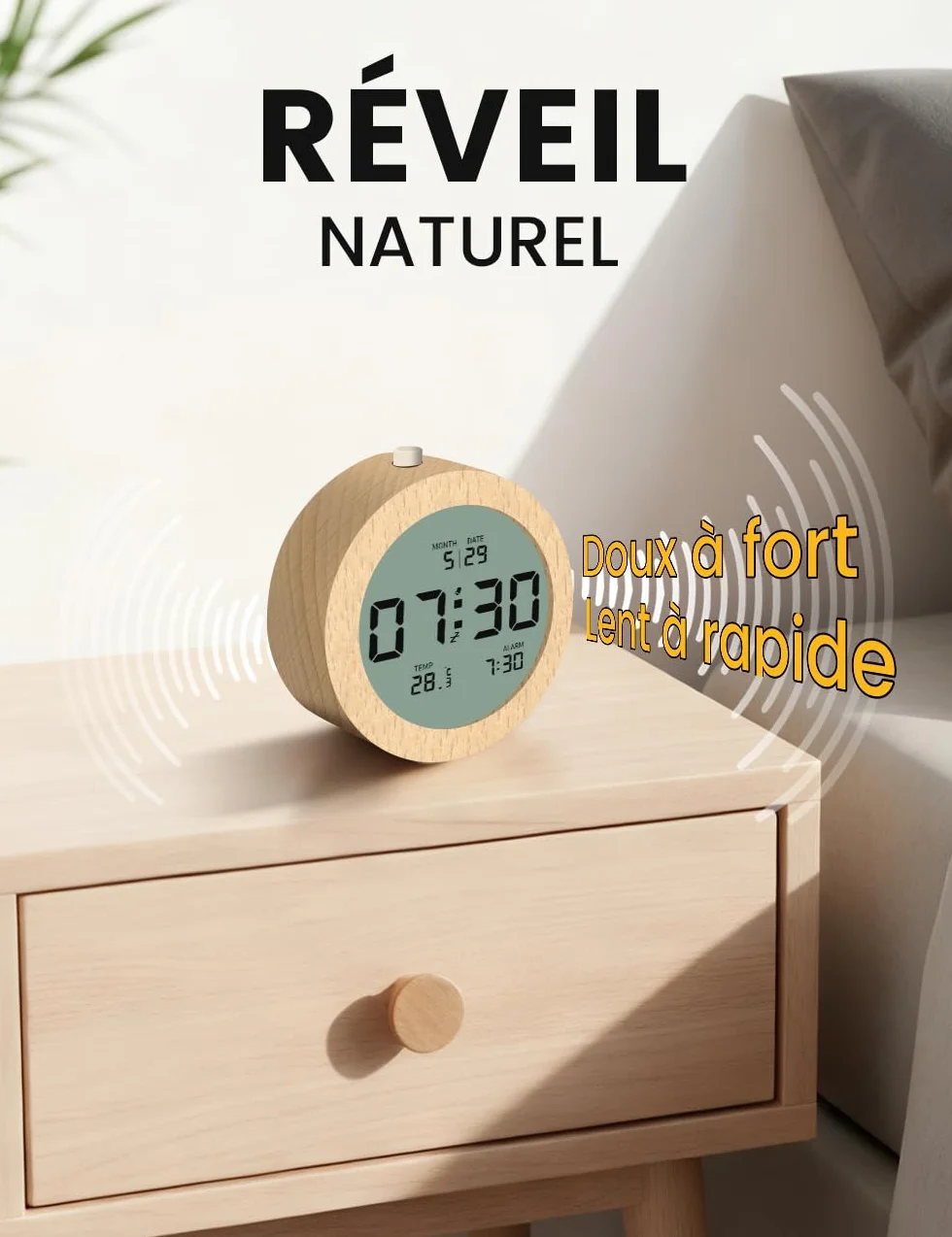 aboveClock Réveil Numérique en Bois avec Écran LCD, Température, Date, Snooze, Rétroéclairage, 3 Piles AAA
