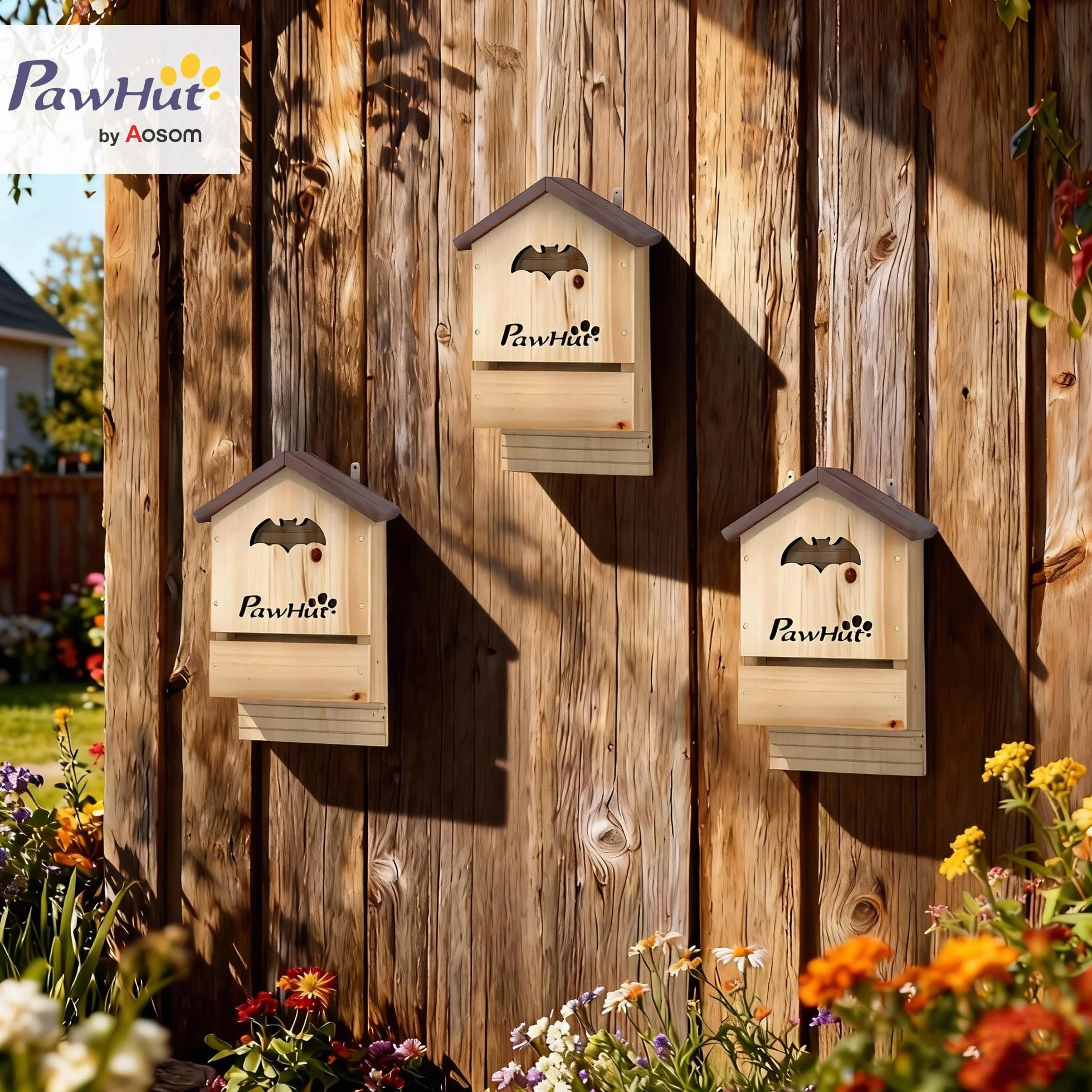 PawHut Lot de 3 Nichoirs Chauve Souris en Bois 21,5 x 11,5 x 34 cm
