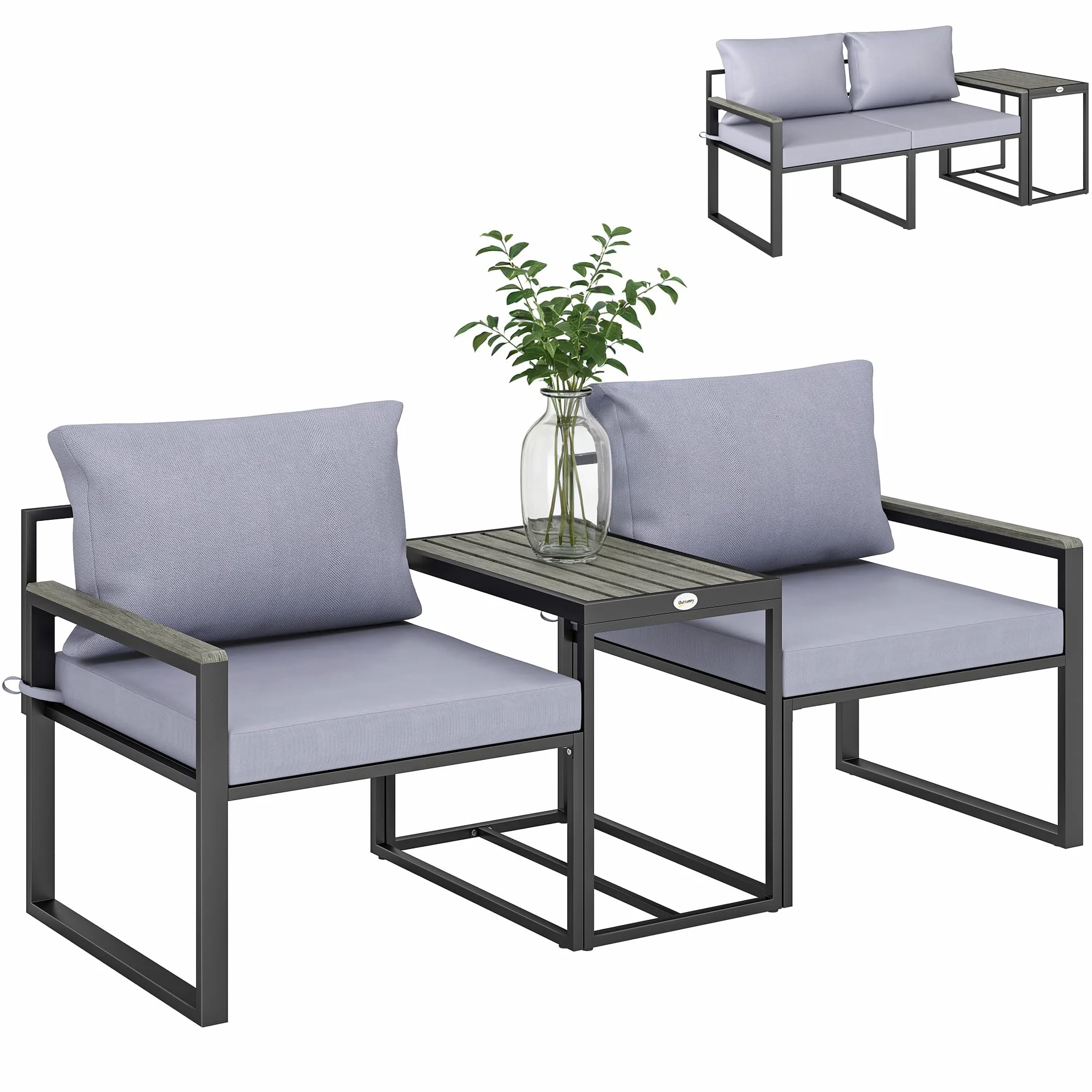 Outsunny Salon de Jardin 3 pièces avec Coussins 14cm, Fauteuils et Table d'appoint, Gris