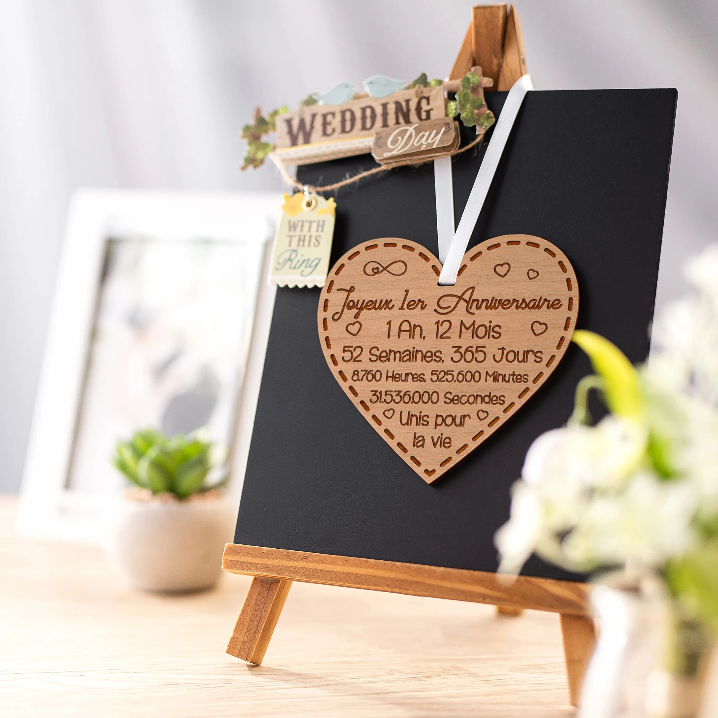 Cadeau Anniversaire de Mariage 1 an - Cœur Gravé en Bois pour Femme Homme