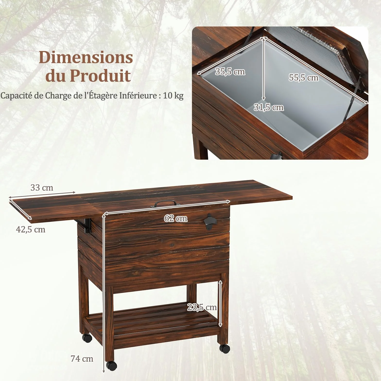 GOPLUS Desserte Glacière Bar Roulante Chariot Jardin 50 L 127 x 42,5 x 74 cm