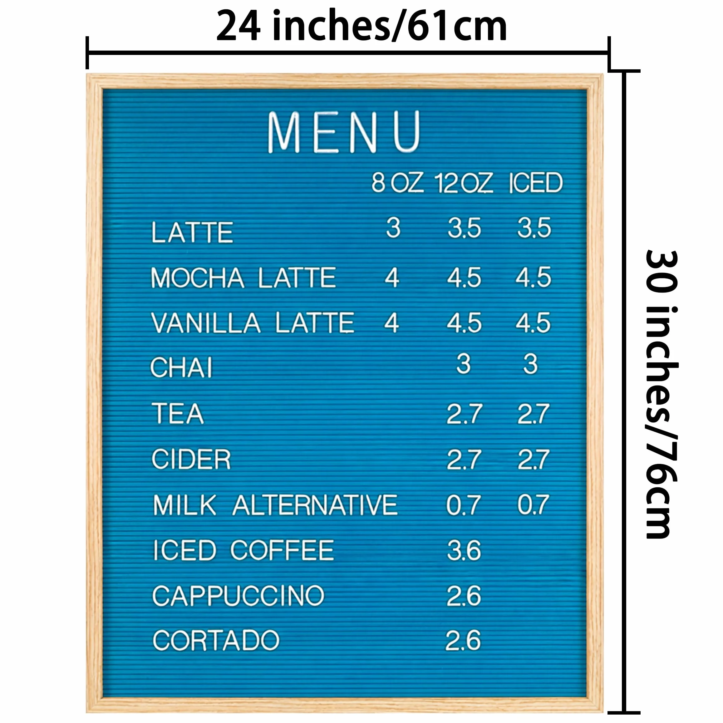 Tableau à lettres en feutre bleu 24 x 30 pouces cadre en chêne avec 966 lettres 1" 2" pour menu messages