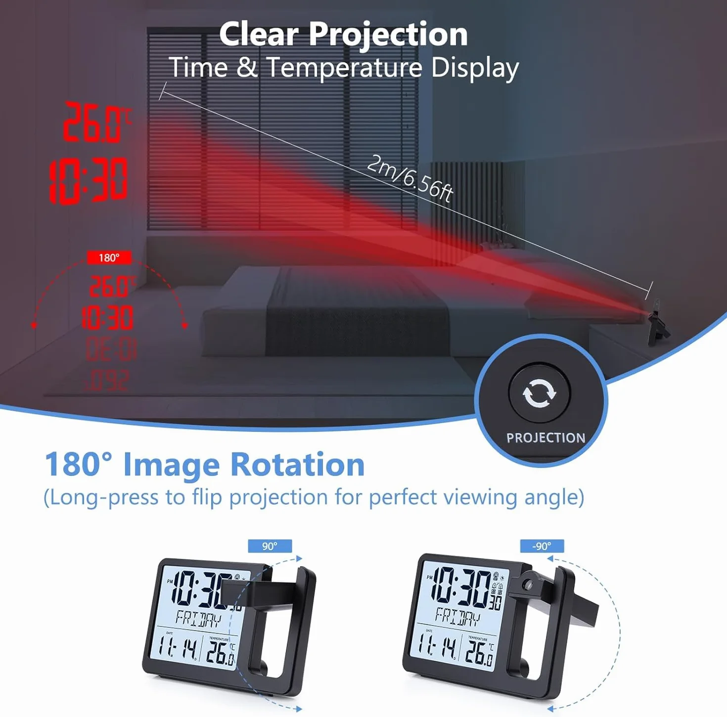 VIVILINEN Réveil Projecteur Plafond Radio Piloté avec Prise Électrique, 2 Alarmes, Capteur de Lumière