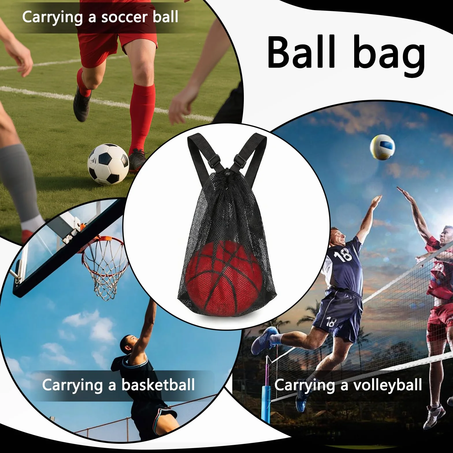 Lot de 2 sacs en maille filet pour ballon de basketball - 48 x 37 cm - Sac de gym avec cordon de serrage - Sac de basketball à suspendre - Sac de plage - Sac à dos en maille - Portable