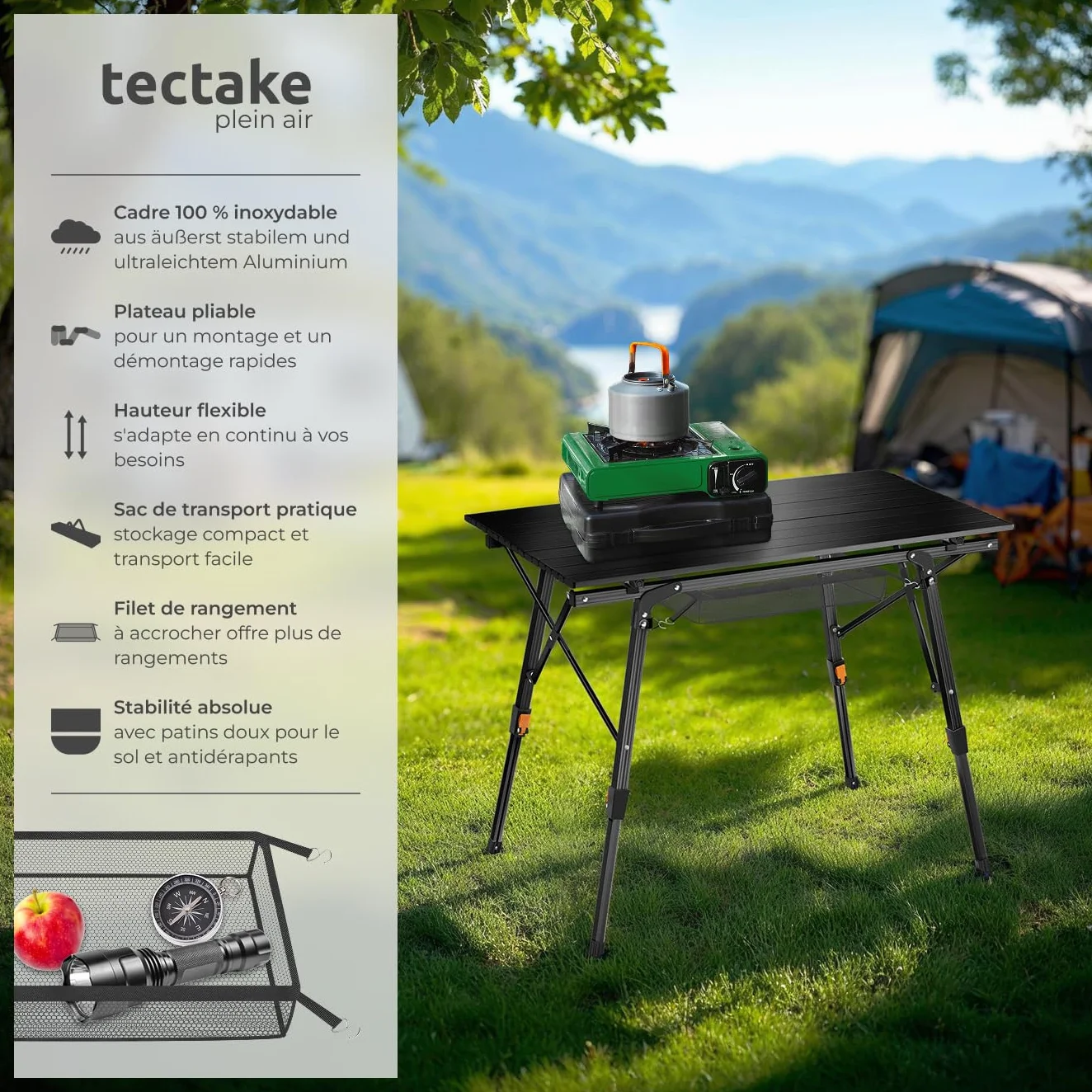 Tectake Table Pliante de Pique Nique et Camping en Aluminium Réglable en Hauteur avec Sac de Transport