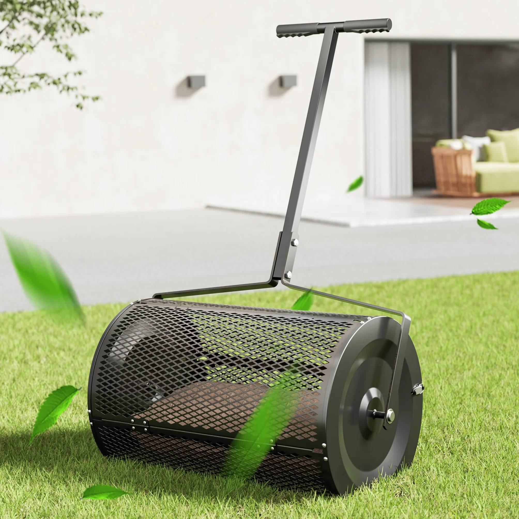 Wiltec Rouleau Épandeur Compost 1100 x 640 x 400 mm Noir Acier Revêtu par poudre 75L Poignée en T Rouleau en treillis