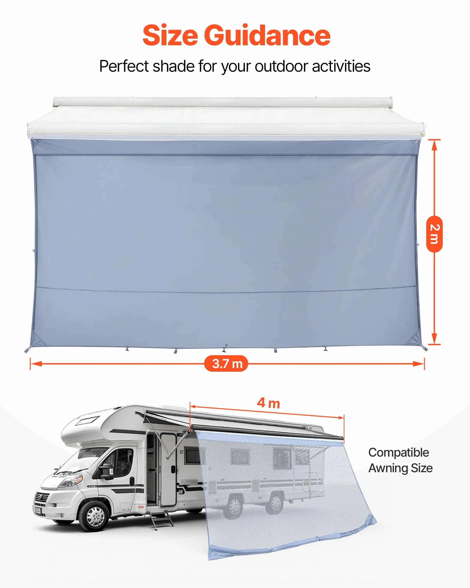 VEVOR Paroi Avant pour Store de Camping-Car 2x3,7 m, Façade de Store Compatible avec Auvent 4 m, Pare-Soleil Caravane Voyage, avec Couverture Zippée en PU UV50+, Maille Polyester Double Couture