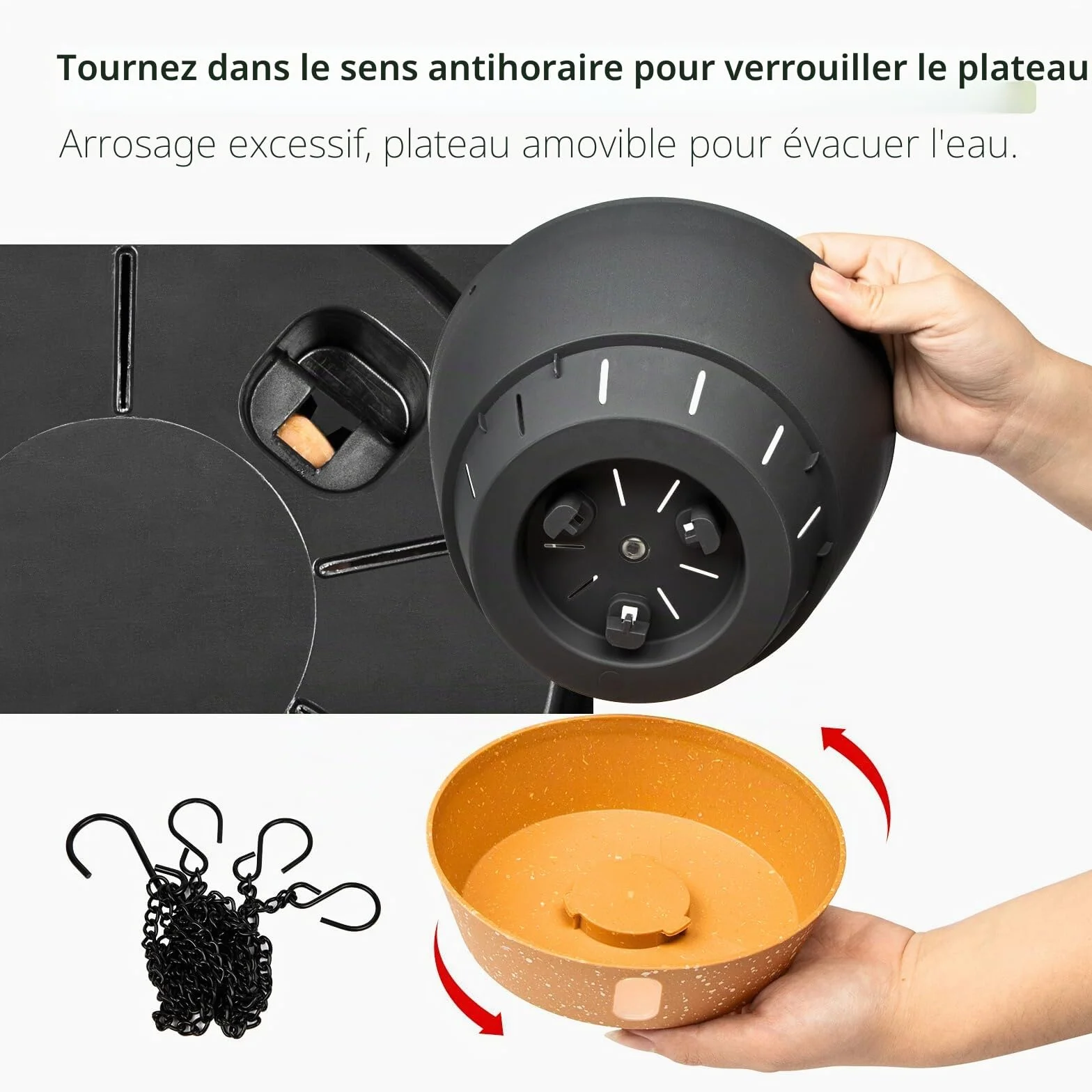Lot de 2 Pots de Fleurs à Suspendre 20 cm Gris avec Trou de Drainage et 3 Crochets