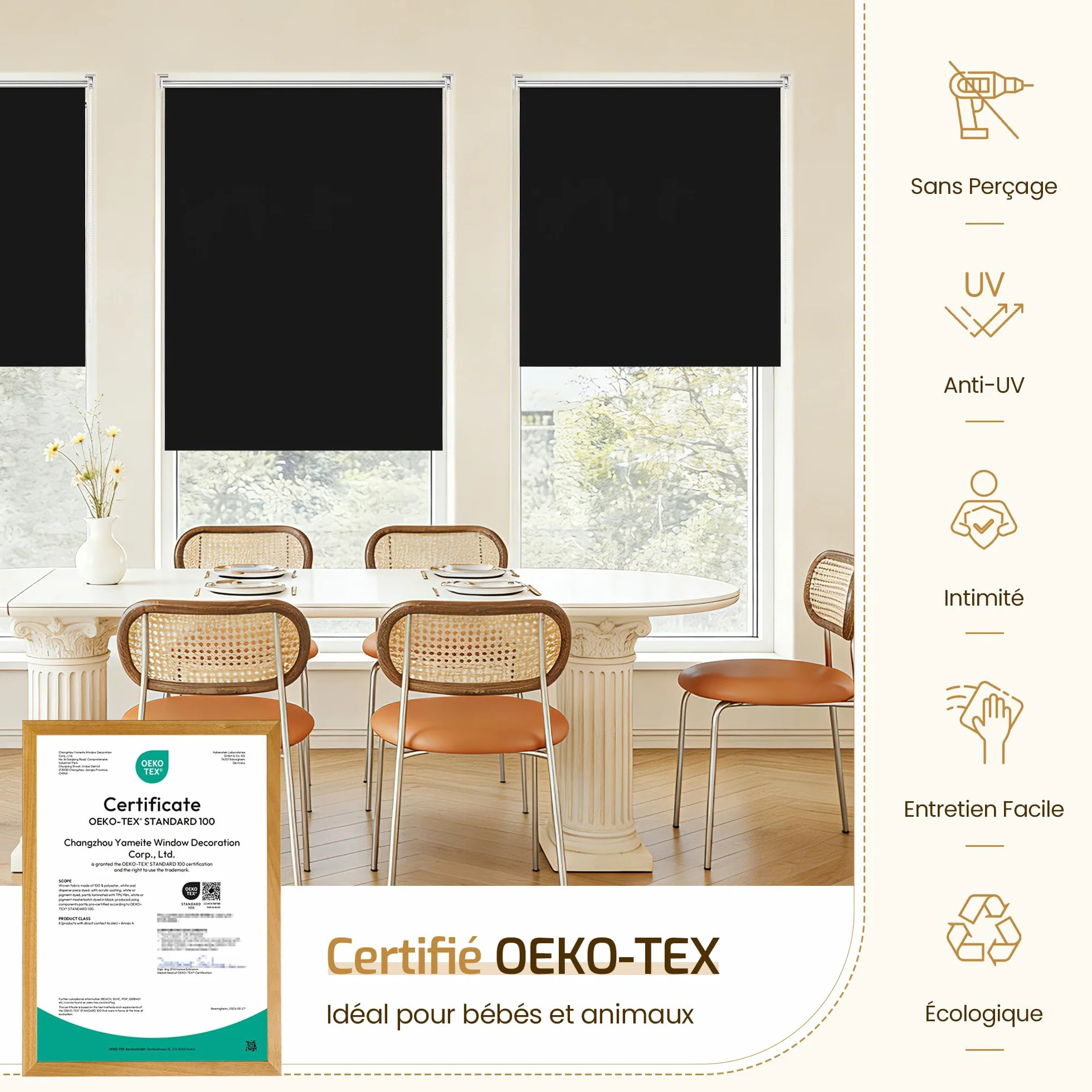Enrouleur Occultant sans Perçage 100% Opaque Protection Thermique Solaire pour Fenêtre 65x100 cm Noir