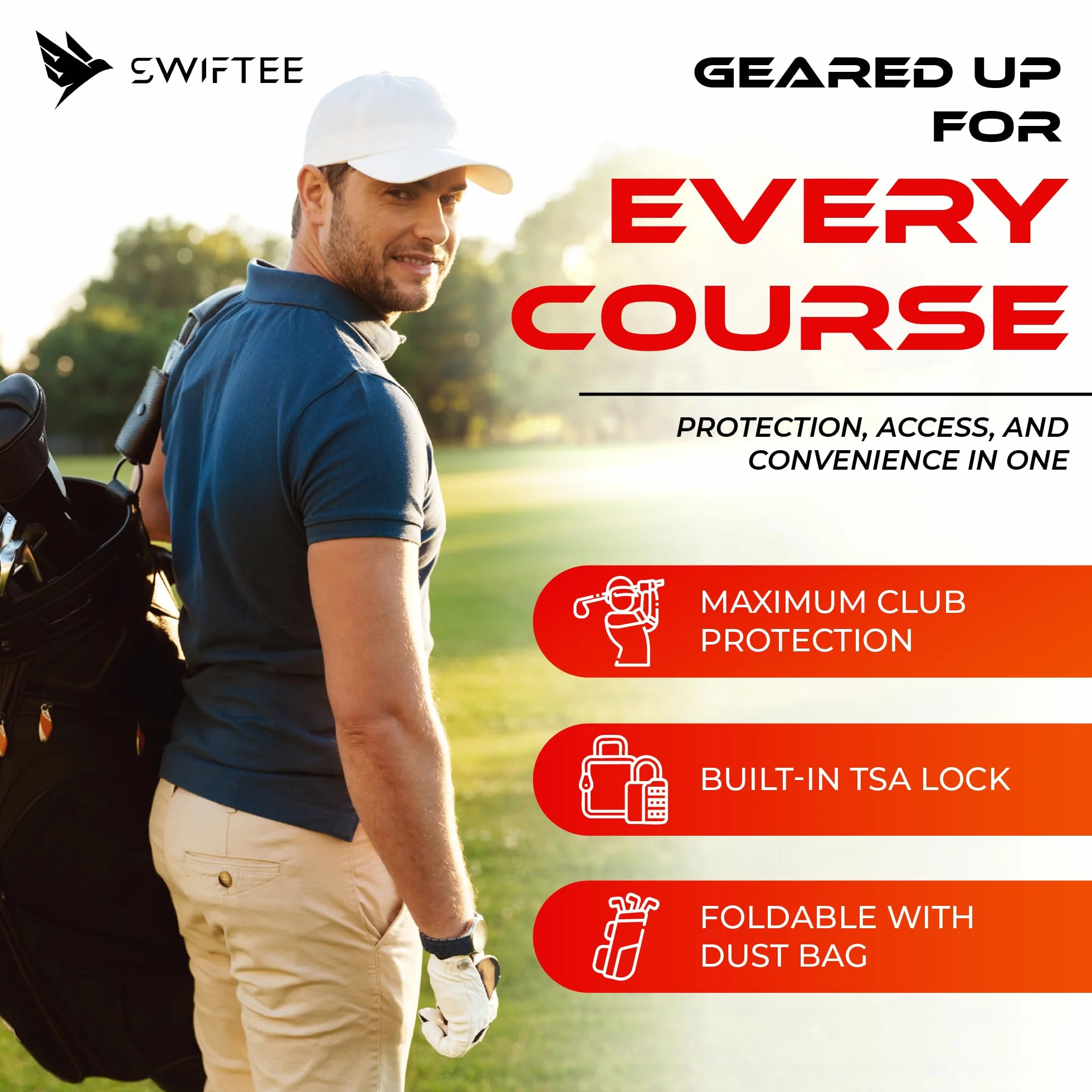 SWIFTEE Sac de voyage de golf de qualité supérieure avec étui rigide Swiftee et serrure TSA – Tissu Oxford 1680D, roues surdimensionnées, transport aérien léger pour une protection maximale du club