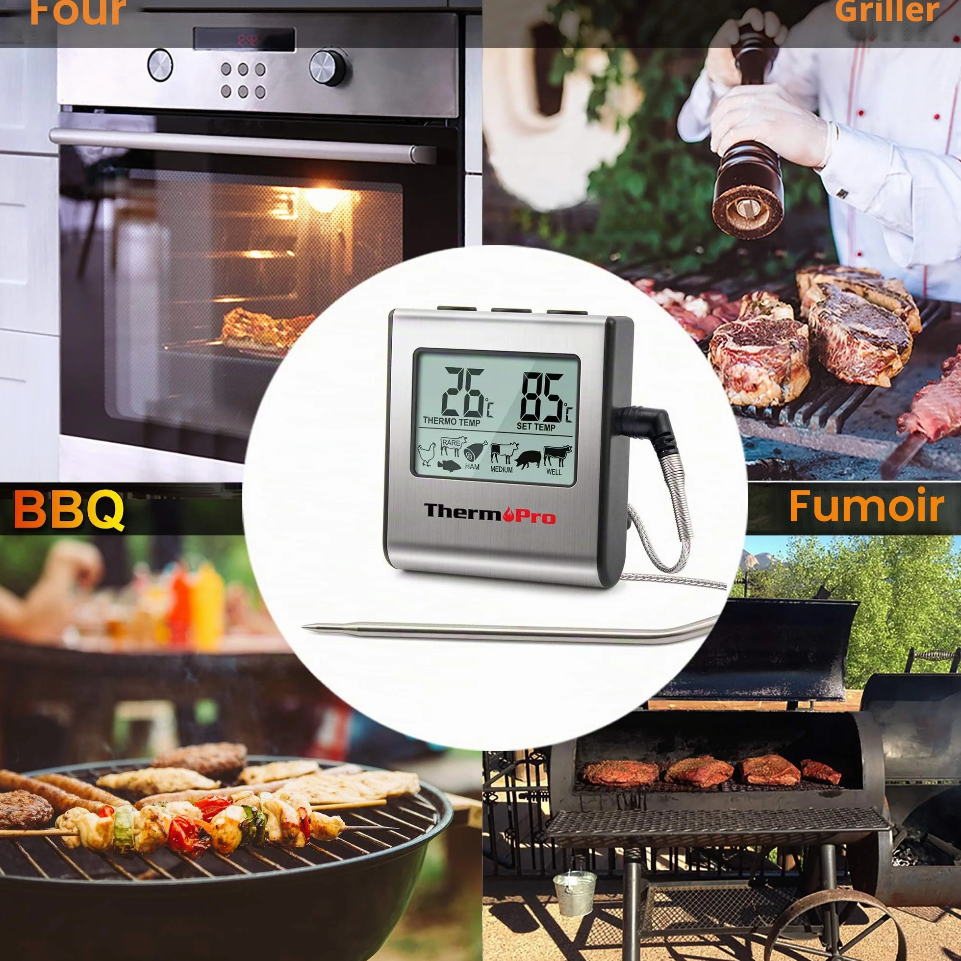 ThermoPro TP16 Thermomètre Cuisine Numérique avec Sonde de Température Acier Inoxydable