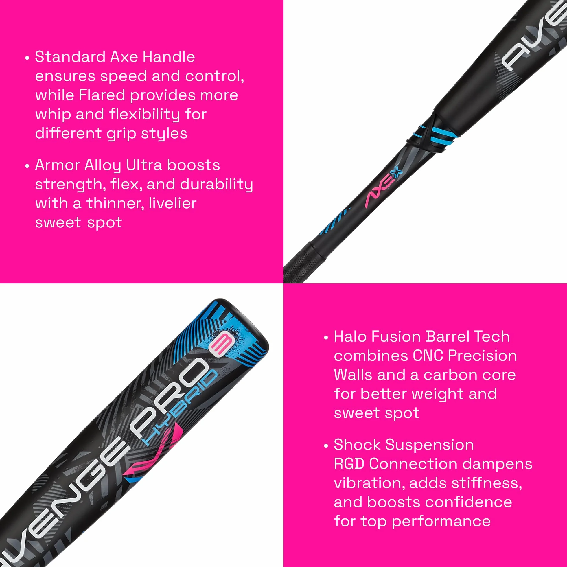 Axe | Avenge Pro 3 Hybrid | Batte de baseball BBCOR | Drop -3 | Hybride 3 pièces | Corps de 6,3 cm | Noir/Bleu/Rose