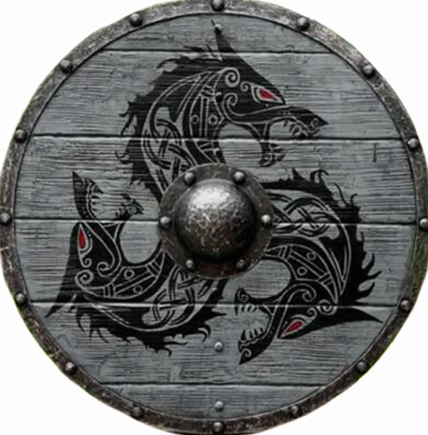 Bouclier Viking Médiéval Fenrir Loup Gris Authentique Bettleworn, Guerrier Fait à la Main Entièrement Fonctionnel Pour le Combat - 61 cm de Diamètre