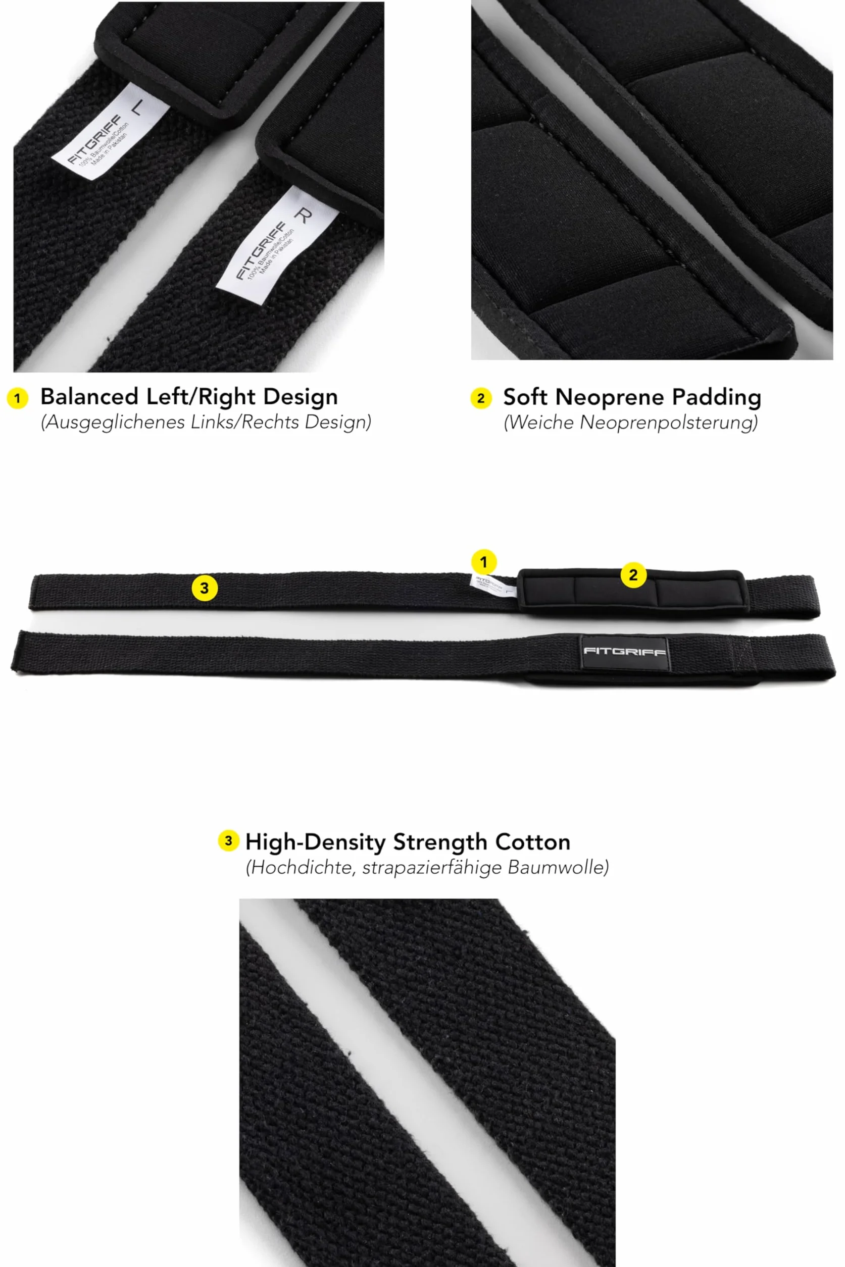 Fitgriff® Sangle de Tirage + Bande Poignet Musculation (1 Lot) - Accessoires pour Fitness, Gym et Haltérophilie
