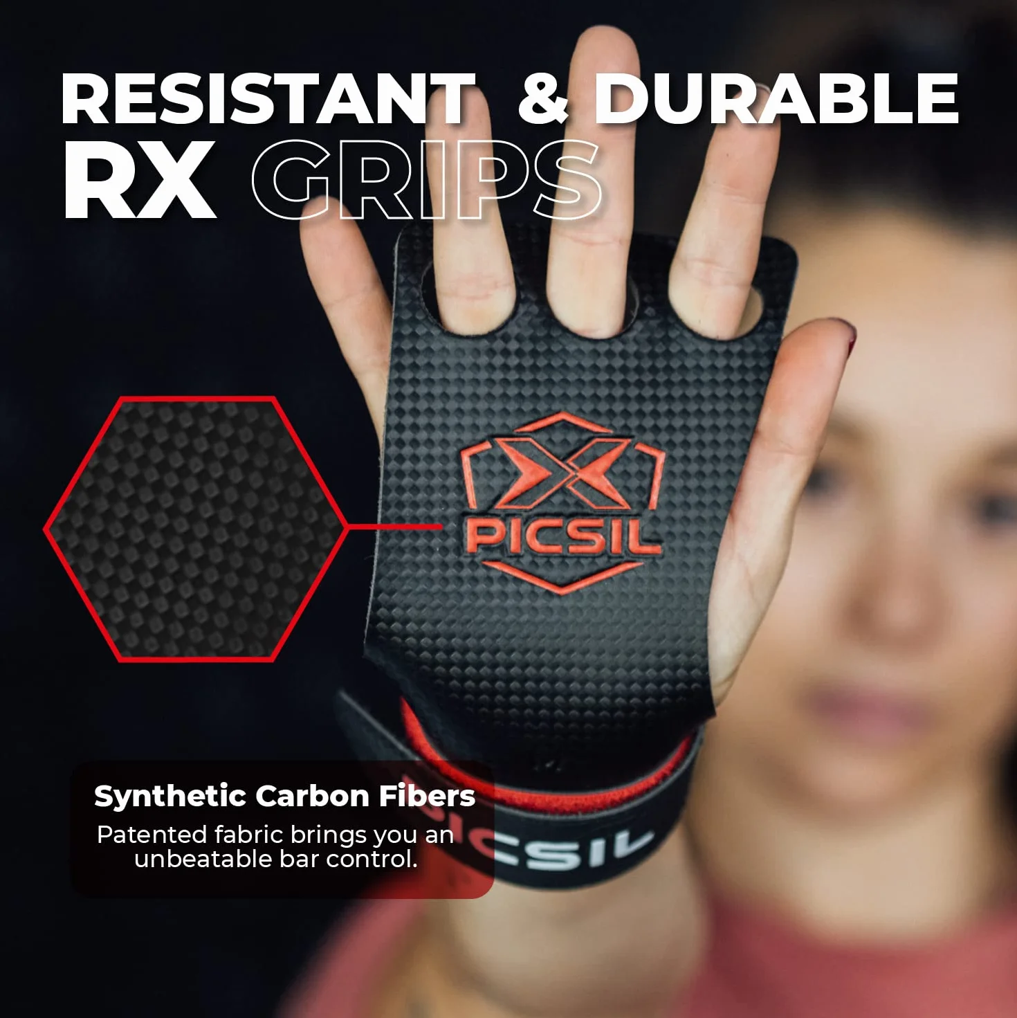PICSIL Maniques RX Grip en Fibre de Carbone avec Magnésie 3 Trous Orange S pour Cross Training Gymnastique