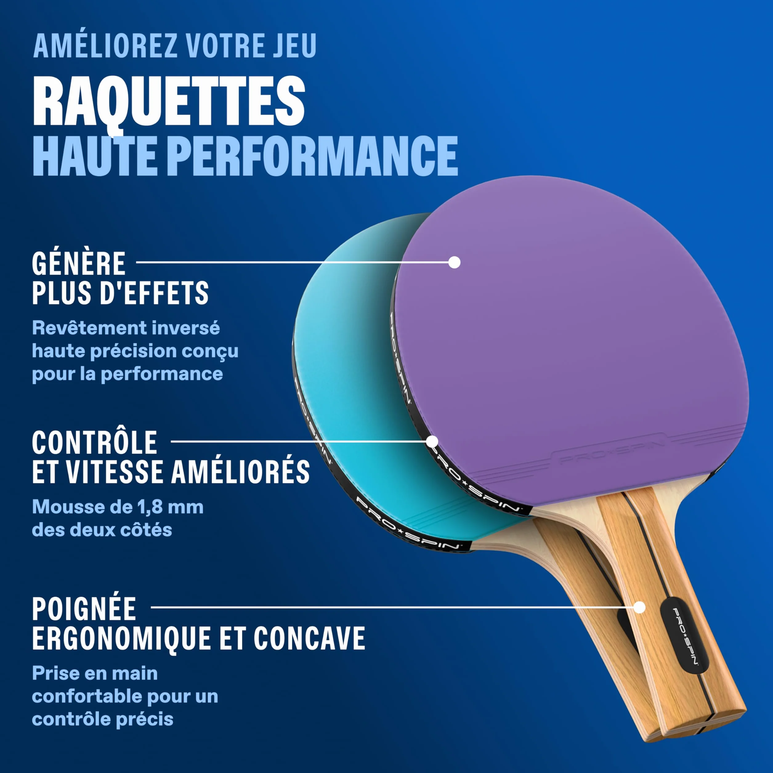 PRO-SPIN Set de Raquettes de Ping-Pong Portable | Kit de Qualité avec Filet Ping Pong pour Toute Table, Raquettes Tennis de Table Hautes Performances, Balles de 3-Étoiles