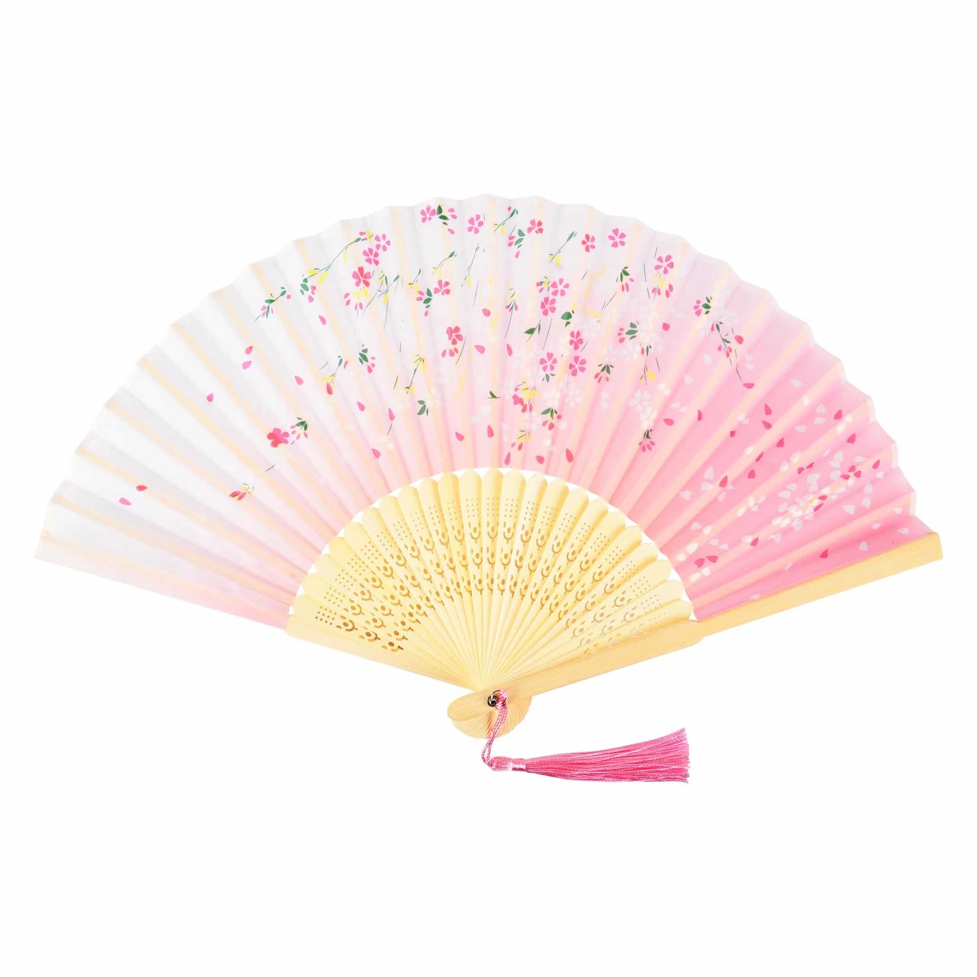 KEYIDO Rose Eventail Japonais Éventail Solide Bois Tissu Soie Bambou Chinois Plié avec Frange pour Femme