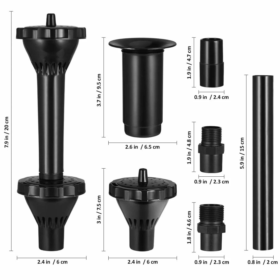 Yardwe Ensemble 9pcs Têtes de Fontaine à Eau pour Pompe Submersible, Buse Réglable en Hauteur, Plastique Noir