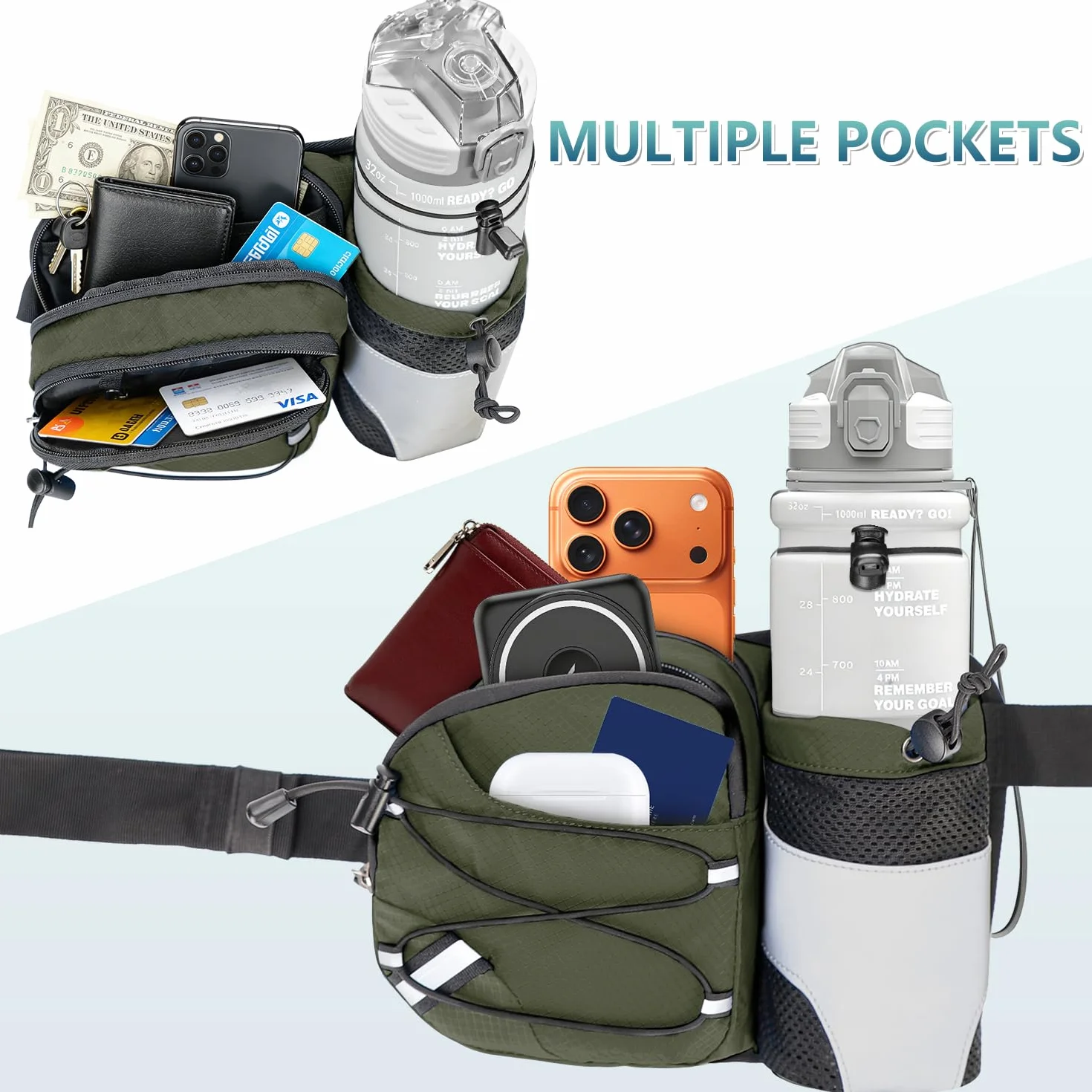 Sac Banane de Randonnée avec Porte Bouteille, Sac Ceinture Banane Femme et Homme, Sacoche Banane de Sport Ceinture pour Voyage Cyclisme Course Chien(avec 1L Gourde)