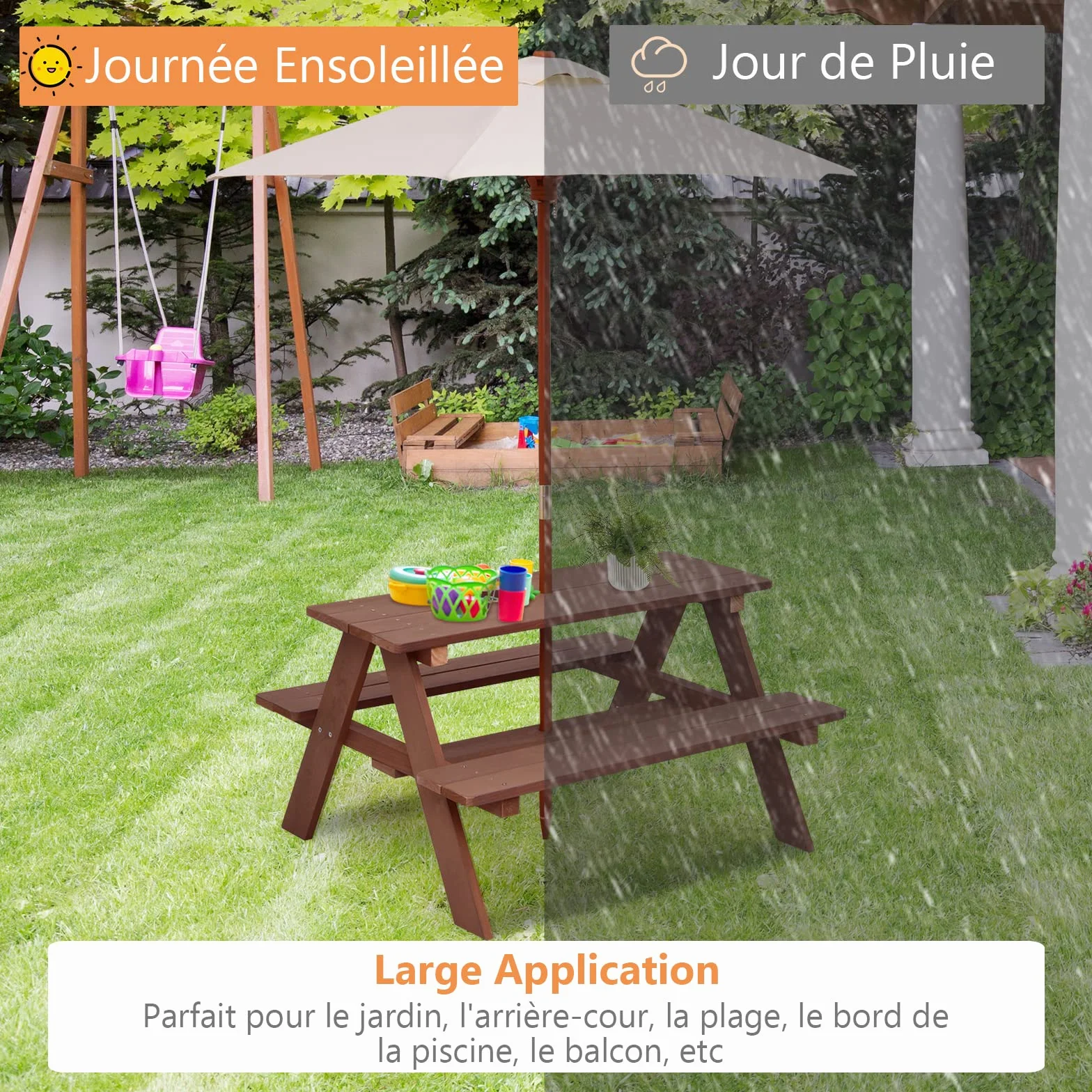 COSTWAY Table de Pique-Nique Enfants avec Parasol Amovible, Bois, 89x79x175cm