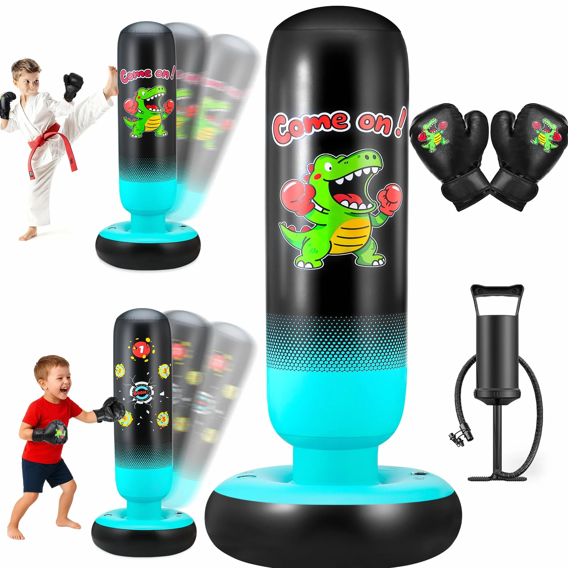 Sac de Boxe Enfant Sac de Frappe avec Gants de Boxe & Pompe 165cm Grand Stable Dinosaure & Cible à Frapper 2 en 1 Gonflable Sacs de Frappe pour Enfants Cadeaux pour Garçons et Filles 3-12 Ans