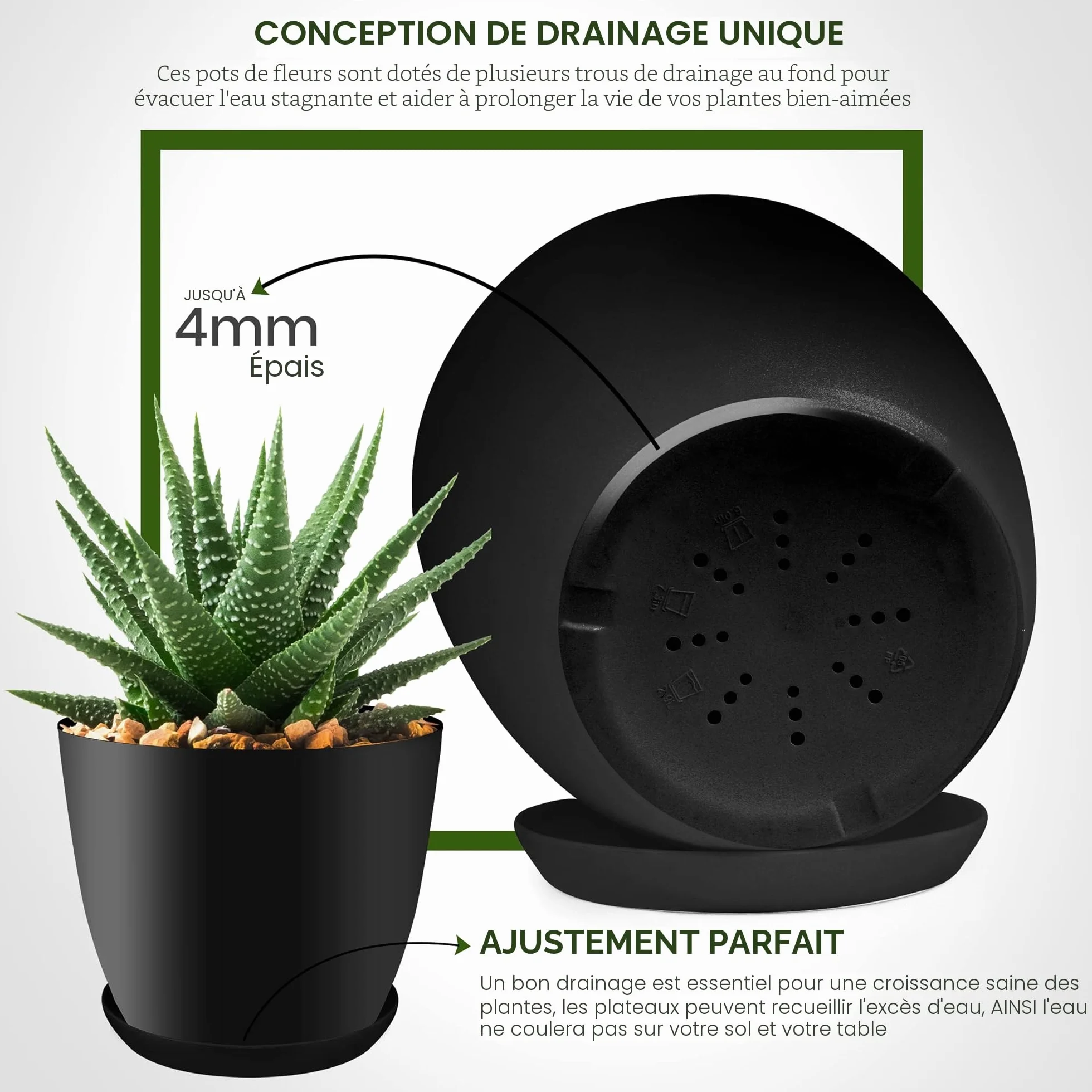 Utopia Home Lot de 5 Pots de Fleurs 18/17/15/13/12 cm avec Soucoupe Noir pour Intérieur