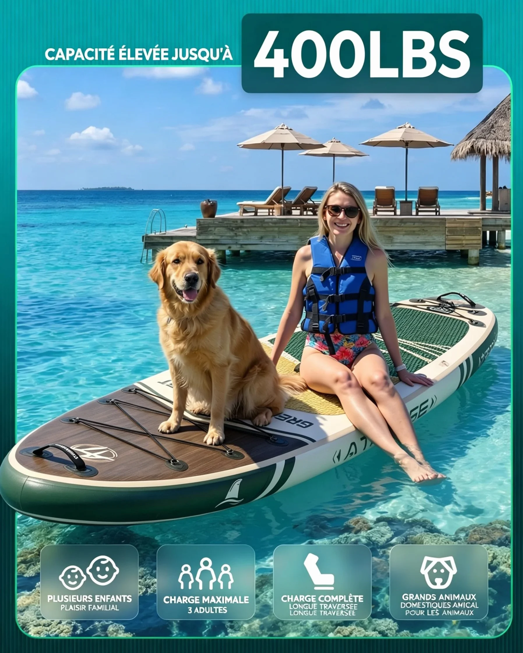 Stand Up Paddle Gonflable Adulte avec Siège Kayak & Accessoires, 320x84cm Planche de Sup Extra Large pour 2 Personnes, Charge 200kg, Kayak Gonflable 2 Places Stable et Antidérapant pour Surf