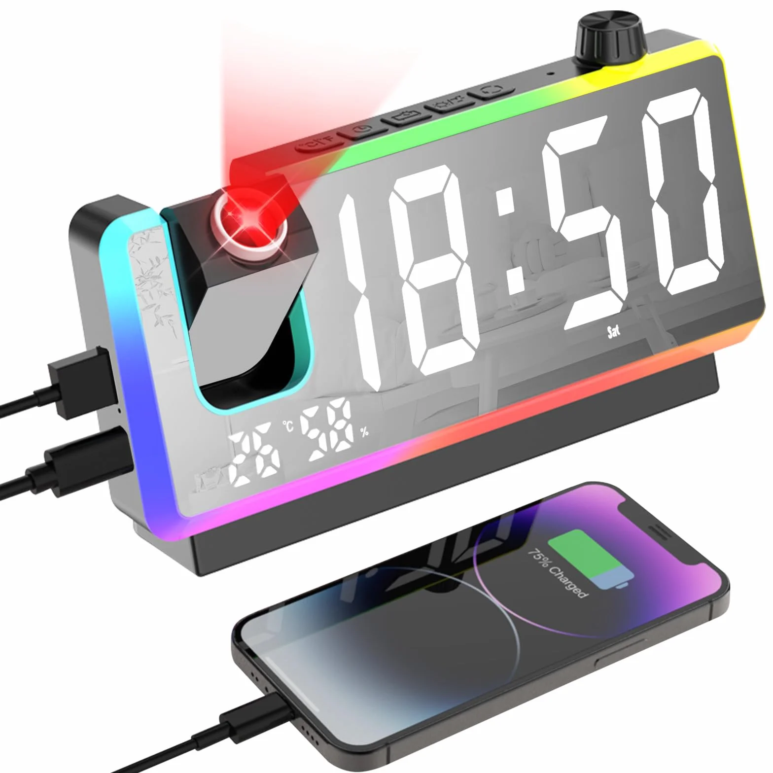 Cuteefun Réveil Projecteur Plafond avec Grand Écran LED 7 Pouces, 180°, Double Alarme, Noir