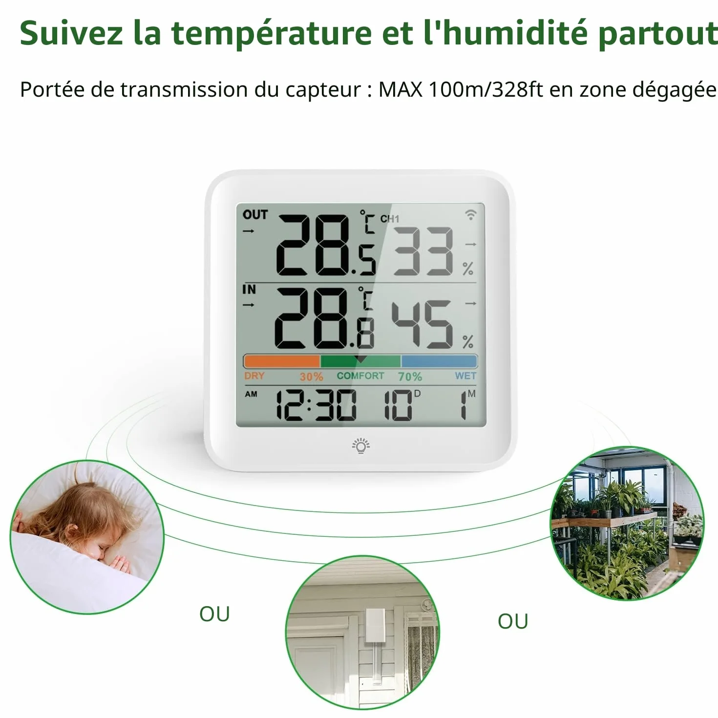 VOCOO thermomètre intérieur extérieur sans fil hygromètre numérique LCD température humidité avec capteur mémoire Min/Max ℃/℉ indicateur confort air rétroéclairage