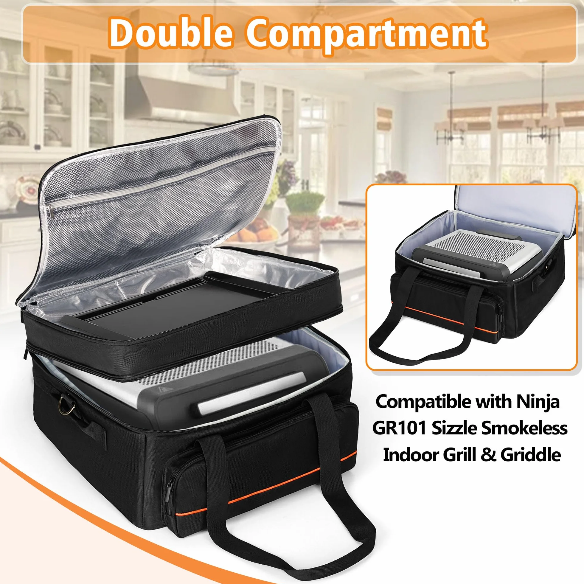 samdew Sac de transport rembourré à double couche, compatible avec Ninja GR101 Sizzle Gril d'intérieur sans fumée et grille, rangement pour barbecue pour plaque et accessoires, sac uniquement