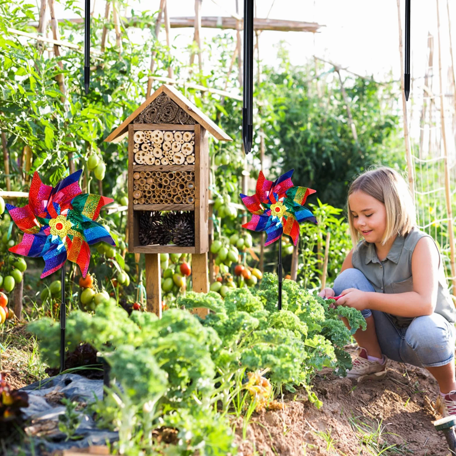Moulin à Vent de Jardin Répulsif pour Oiseaux PVC Arc-en-Ciel 55x24.5cm