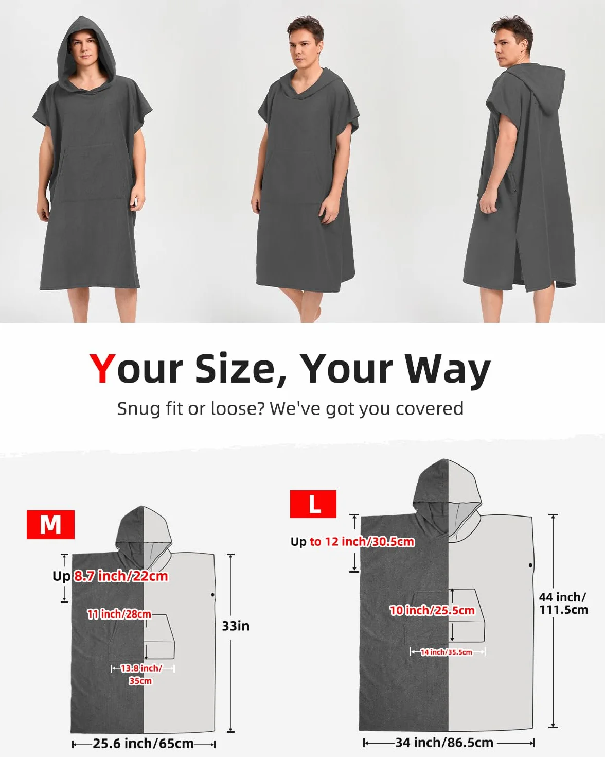 Abahub Poncho de Plage Adulte Homme et Femme, Poncho de Surf Adulte en Microfibre avec Capuche,Peignoir-Serviette de Changement,Absorbant, Léger et à Séchage Rapide,Adapté à Plage Piscine Le Surf