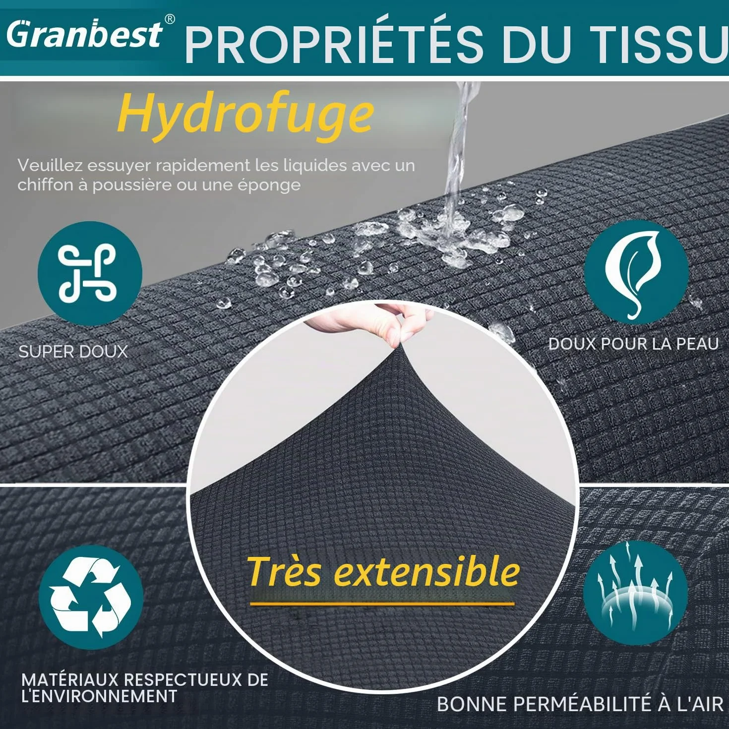 Granbest Housse de canapé stretch imperméable jacquard 3 places gris