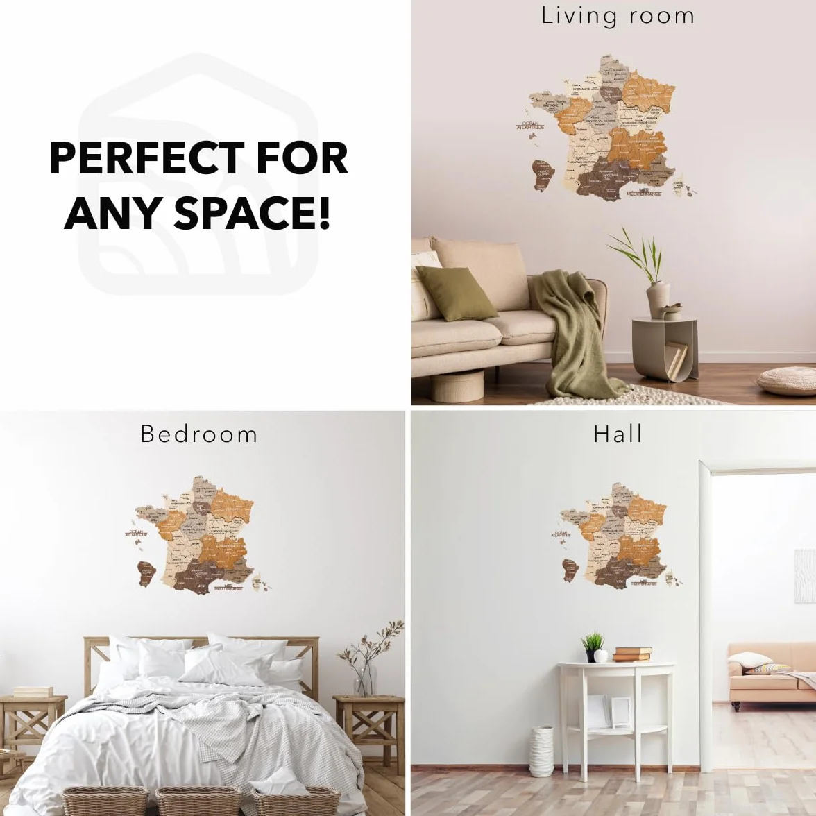 Carte de France Murale en Bois 3D - Décoration Bureau Artisanale - Idée Cadeau Voyage (Multicolor, S)
