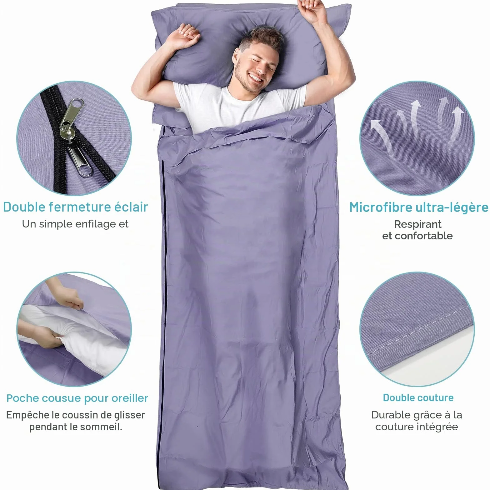 Sac de Couchage Cabane 2-en-1 Microfibre Fermeture Éclair Intégrale 95x220 cm