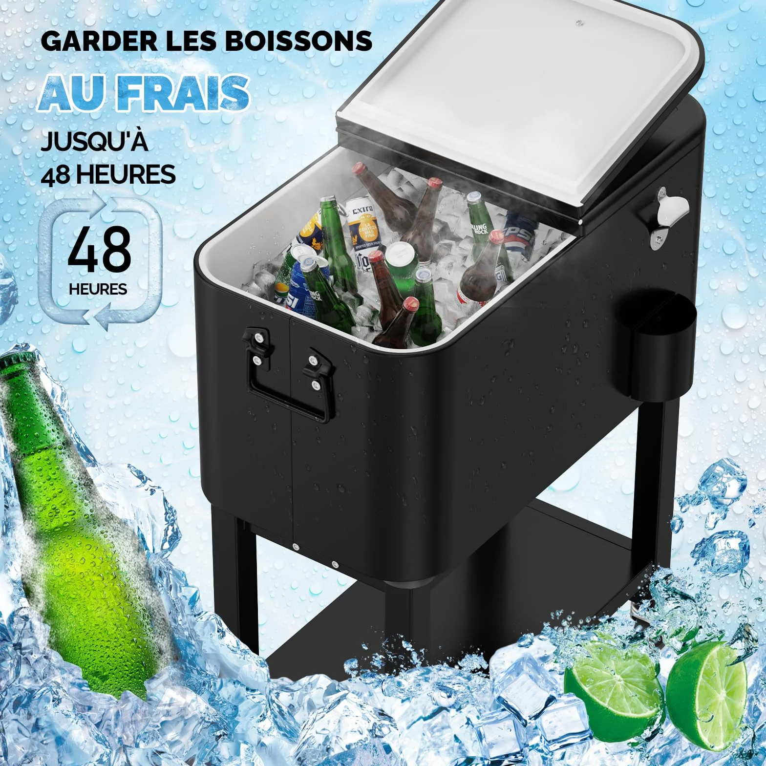 Bonnlo Glacière à roulettes 76 L Frigo Camping Jardin Chariot Frigorifique Ouvre-Bouteille Attrappe-Capsule