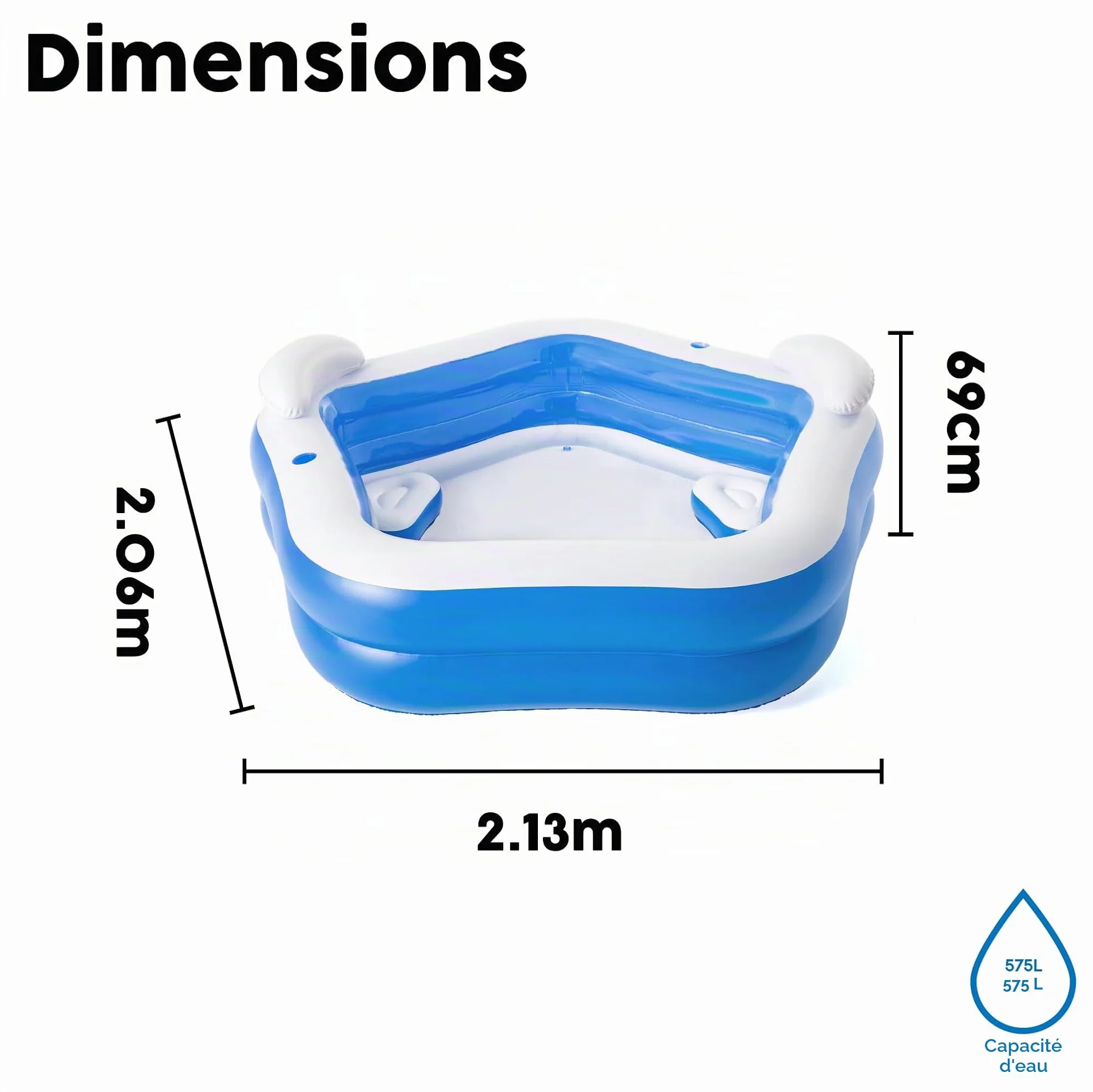 Bestway 54153 Piscine gonflable octogonale 213 x 206 x 69 cm avec sièges et appuie-tête
