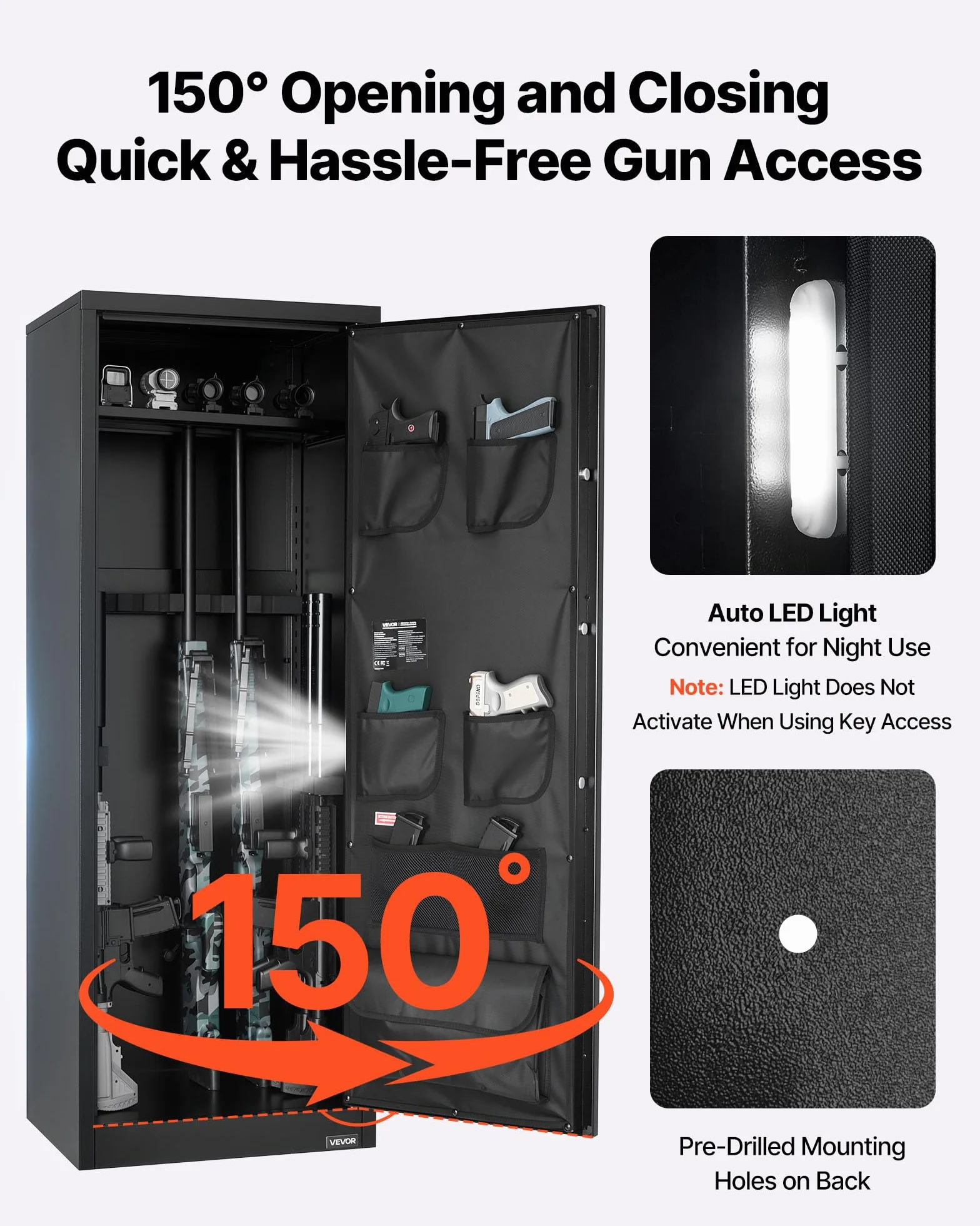VEVOR Armoire à 10-12 Fusils, Coffre-Fort pour Armes à Feu 2 Façons de Verrouillage par Clavier Numérique et Clés, avec 4 Poches pour Pistolets et 3 Supports Réglables, Accès Rapide, pour Domicile