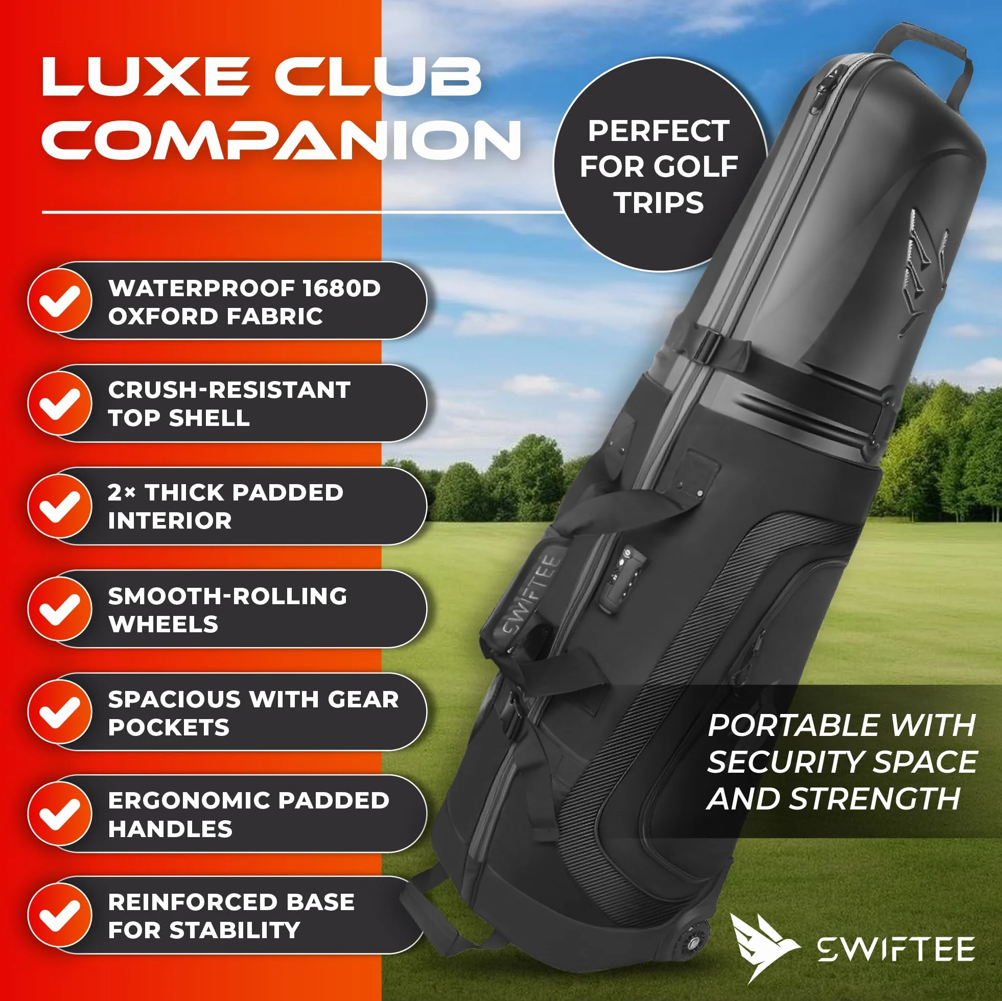 SWIFTEE Sac de voyage de golf de qualité supérieure avec étui rigide Swiftee et serrure TSA – Tissu Oxford 1680D, roues surdimensionnées, transport aérien léger pour une protection maximale du club