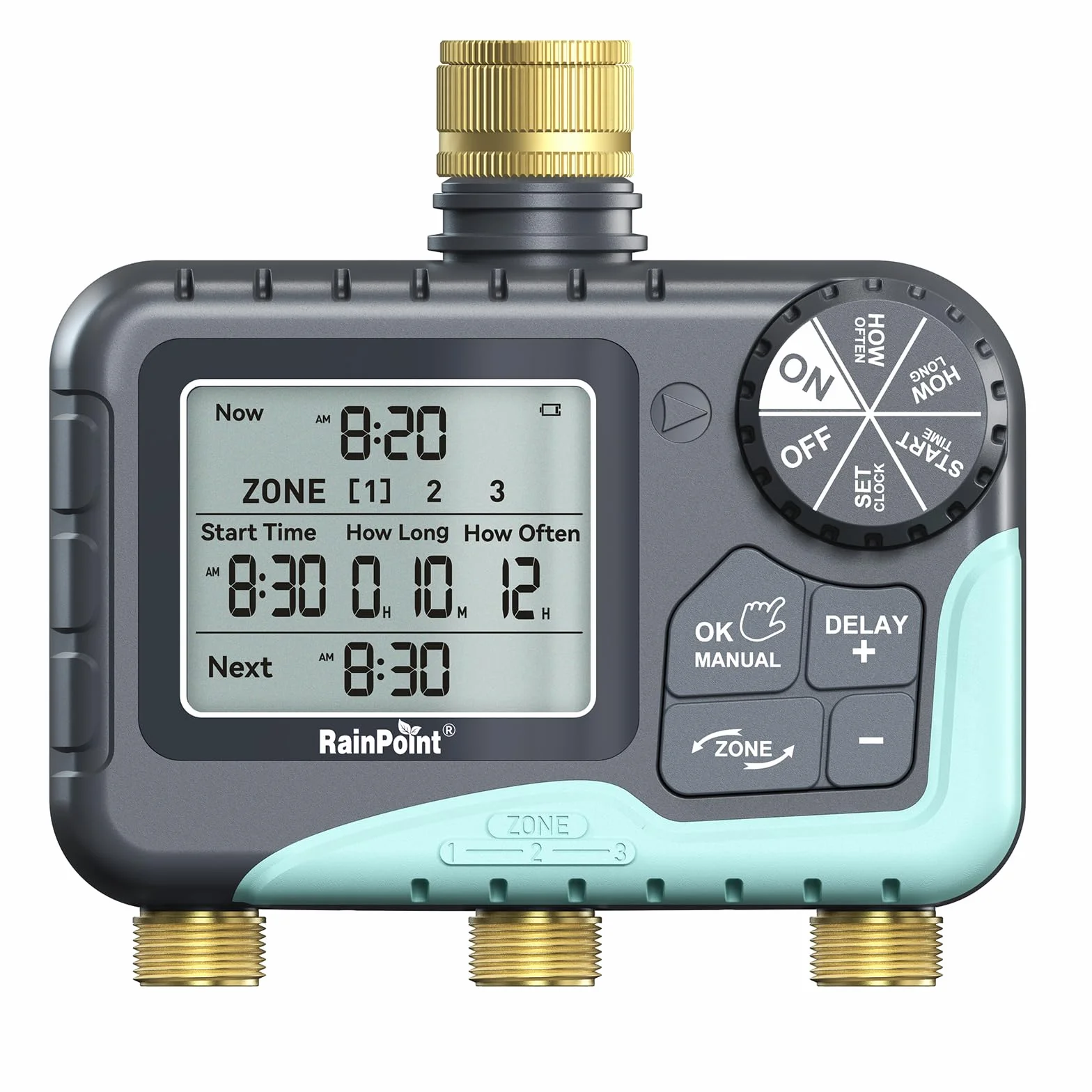 RAINPOINT Programmateur Arrosage 3 Sorties, Laiton, Automatique, Retard Pluie, Écran LCD, Minuterie Jardin