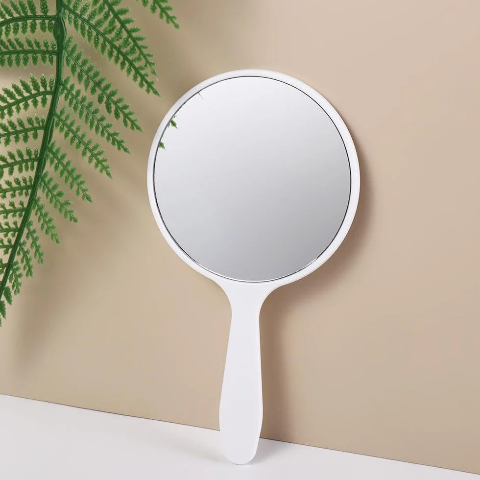 Miroir à main rond avec poignée maquillage portable rose femme