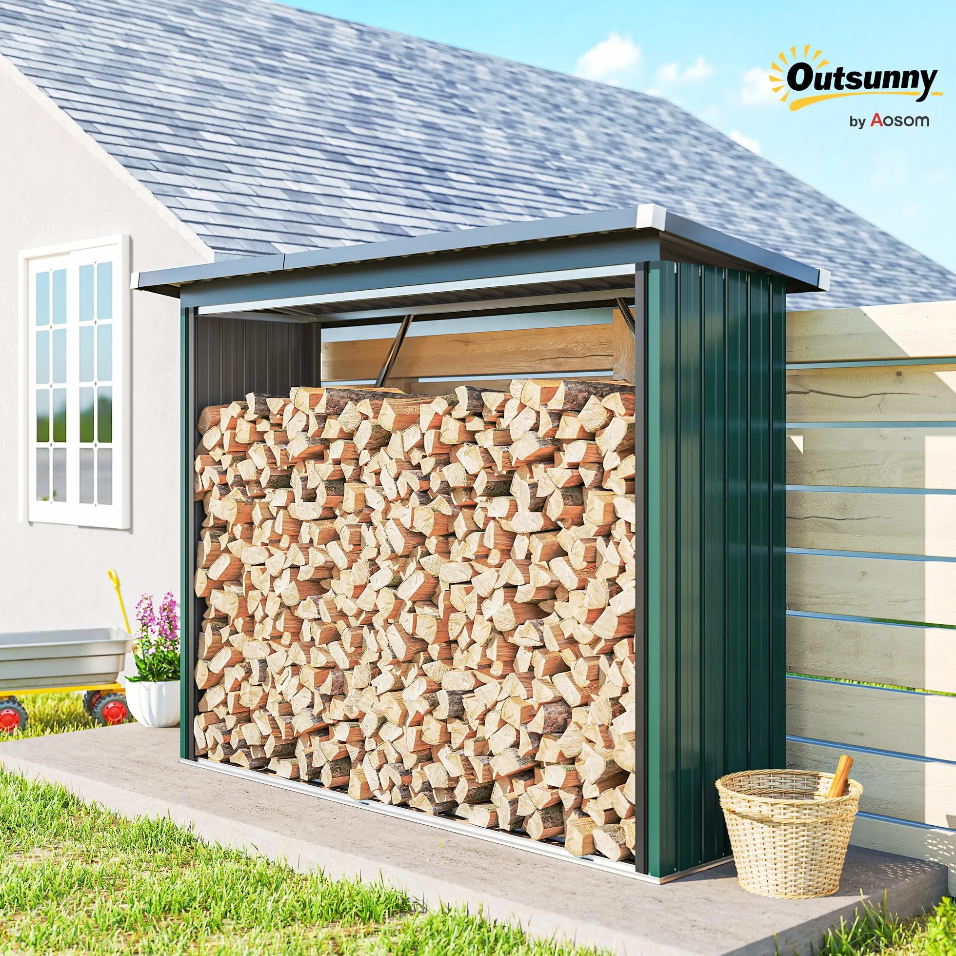 Outsunny Abri-bûches Acier Galvanisé Support Bois de Chauffage 213x66,5x150cm Vert