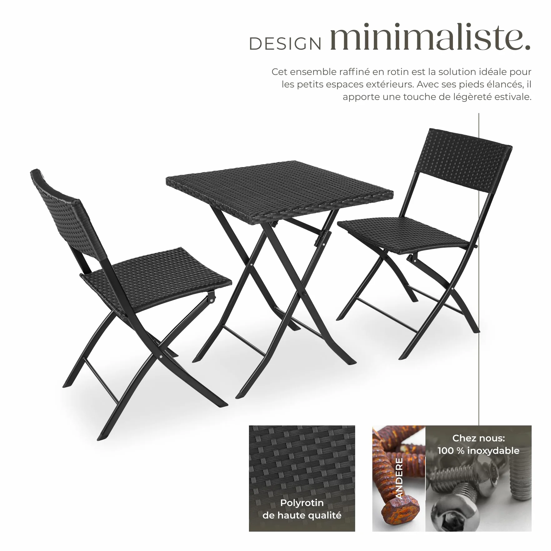 Tectake Salon de Jardin Poly Rotin Pliant pour 2 Personnes - Ensemble Chaise et Table
