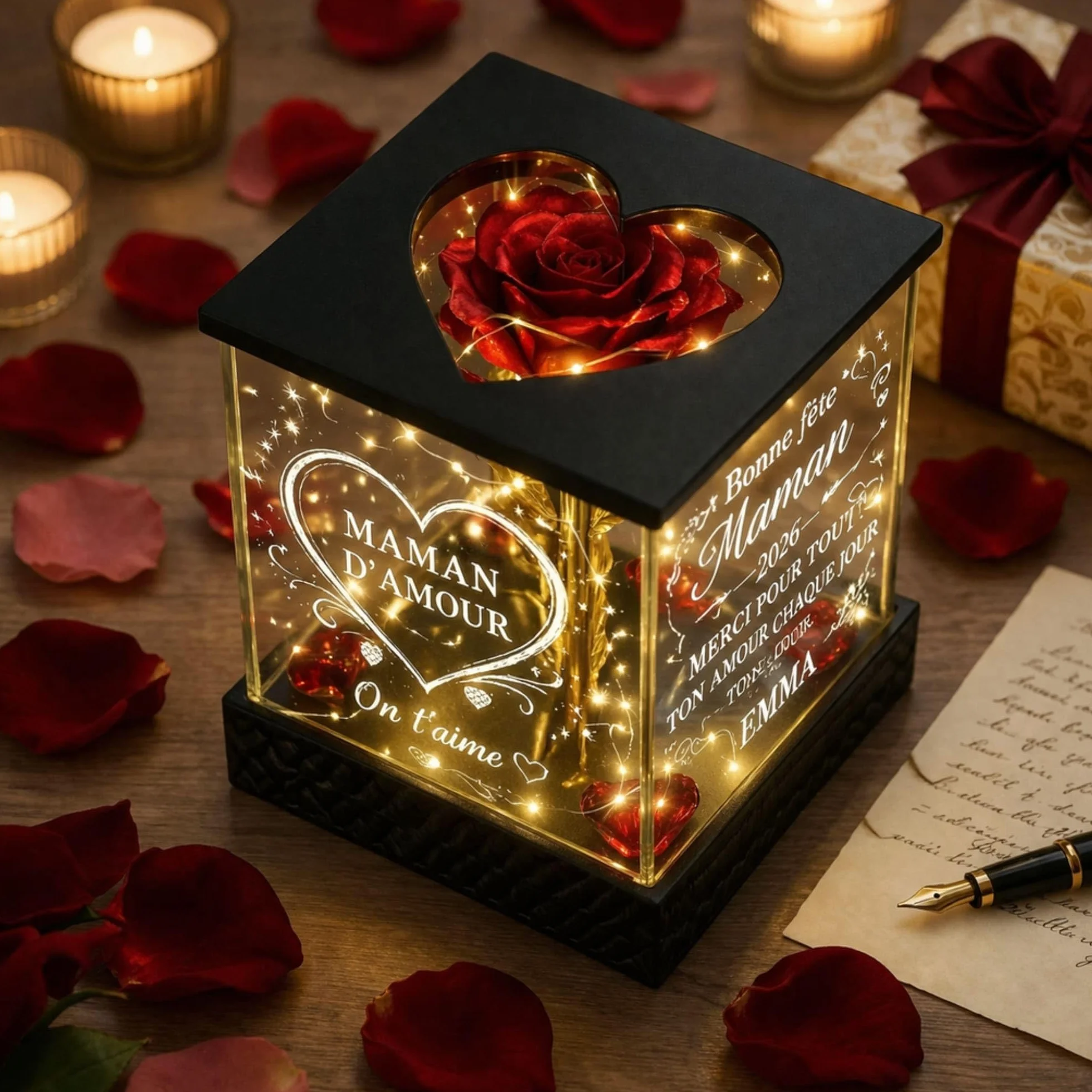 Rose Lumineuse Personnalisée Maman - Cadeau Fête des Mères Original, Lanterne LED 4 Faces Gravées, Rose Rouge Dorée avec Prénom
