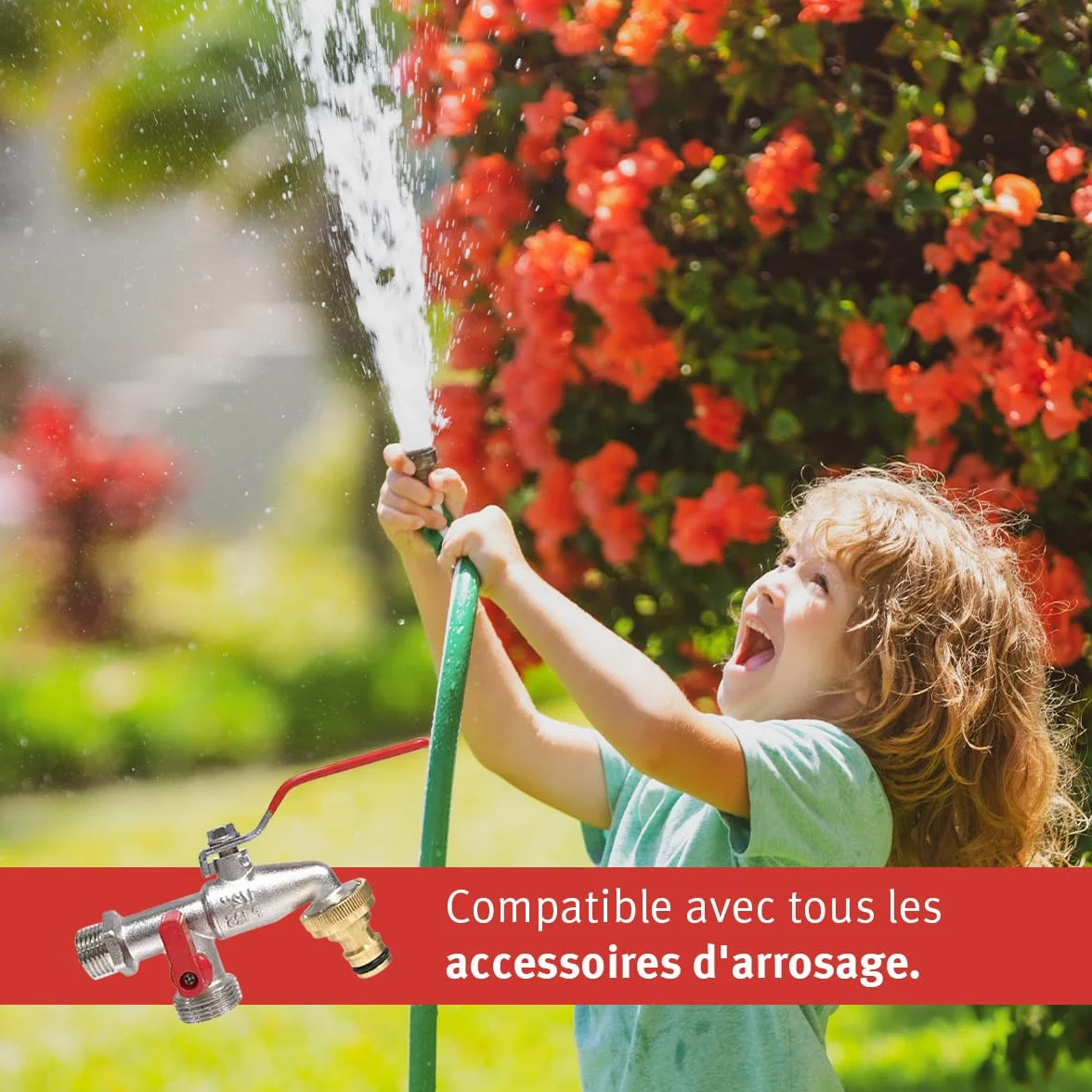 Robinet de Jardin Premium Double Sortie 1/2" - 3/4" Laiton Argent Aqua Control G6354