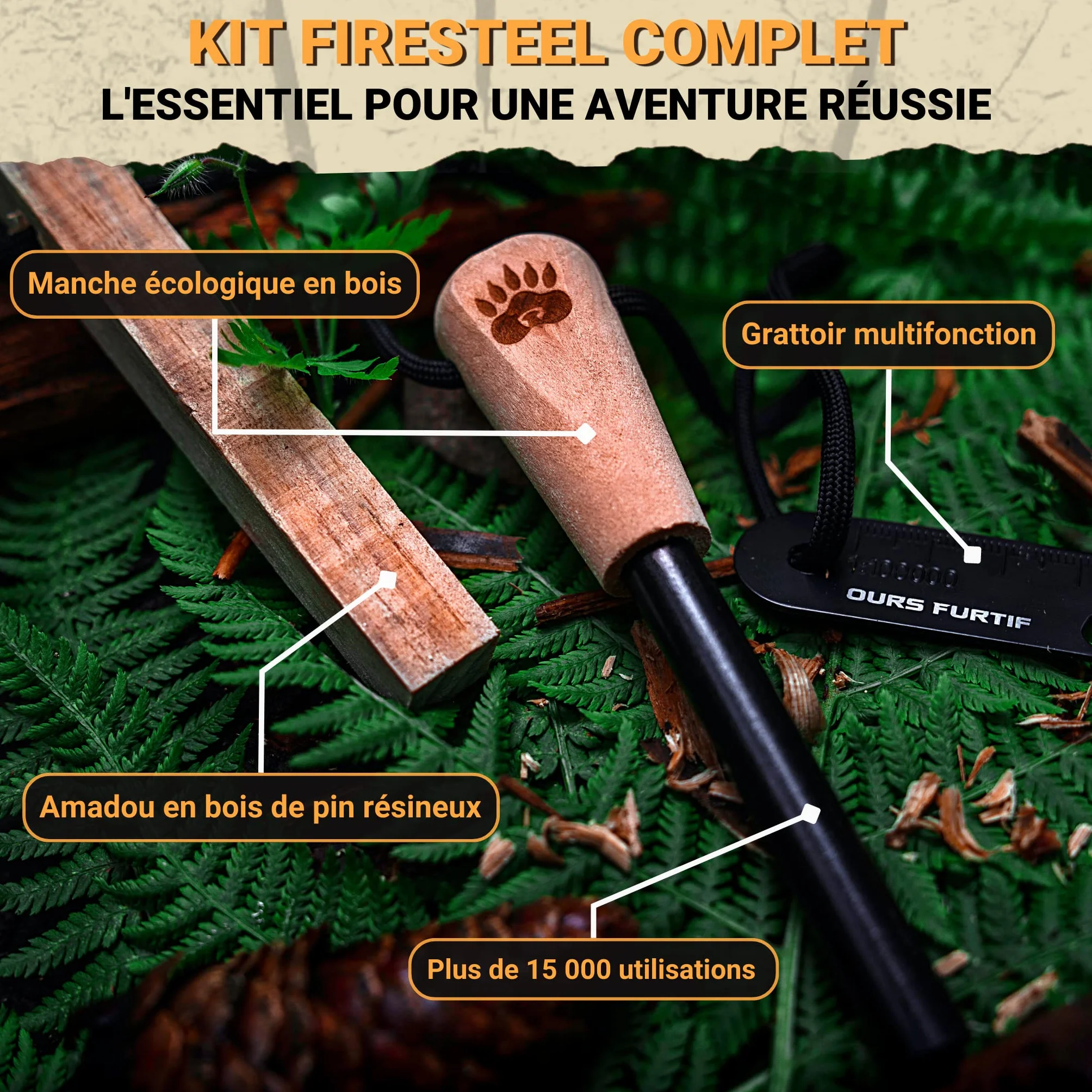 Kit Firesteel XL 10mm - Pierre à Feu de Survie - Barre Magnésium 15 000 utilisations - Allume Feu Naturel