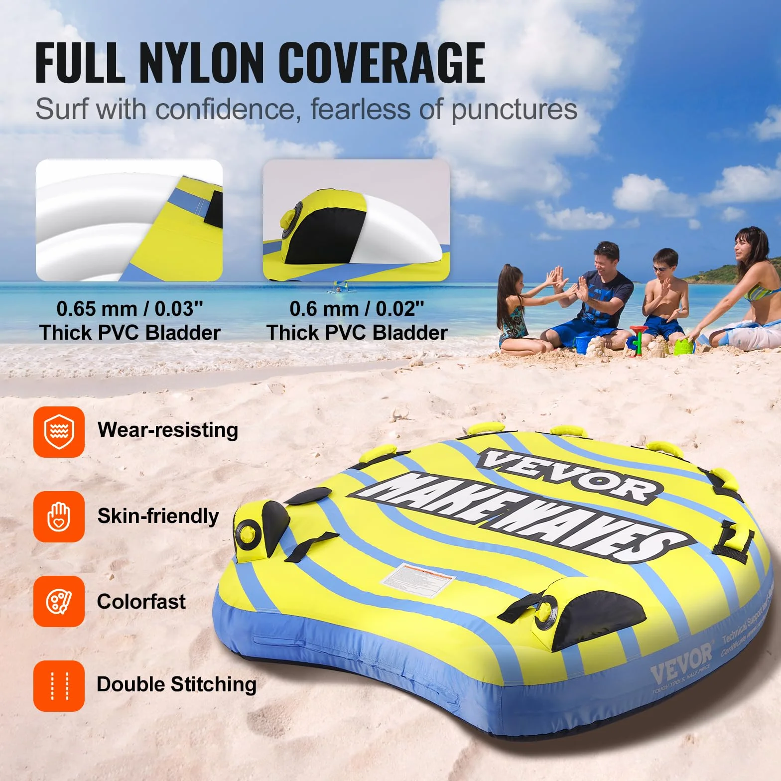 VEVOR Bouée tractée Gonflable pour Bateau, 1 à 3 passagers, Tube remorquable avec ailerons de Pare-Chocs, 231 kg, pour Sport Nautique, Housse en Nylon, poignées en EVA, soupape de sécurité de Vitesse